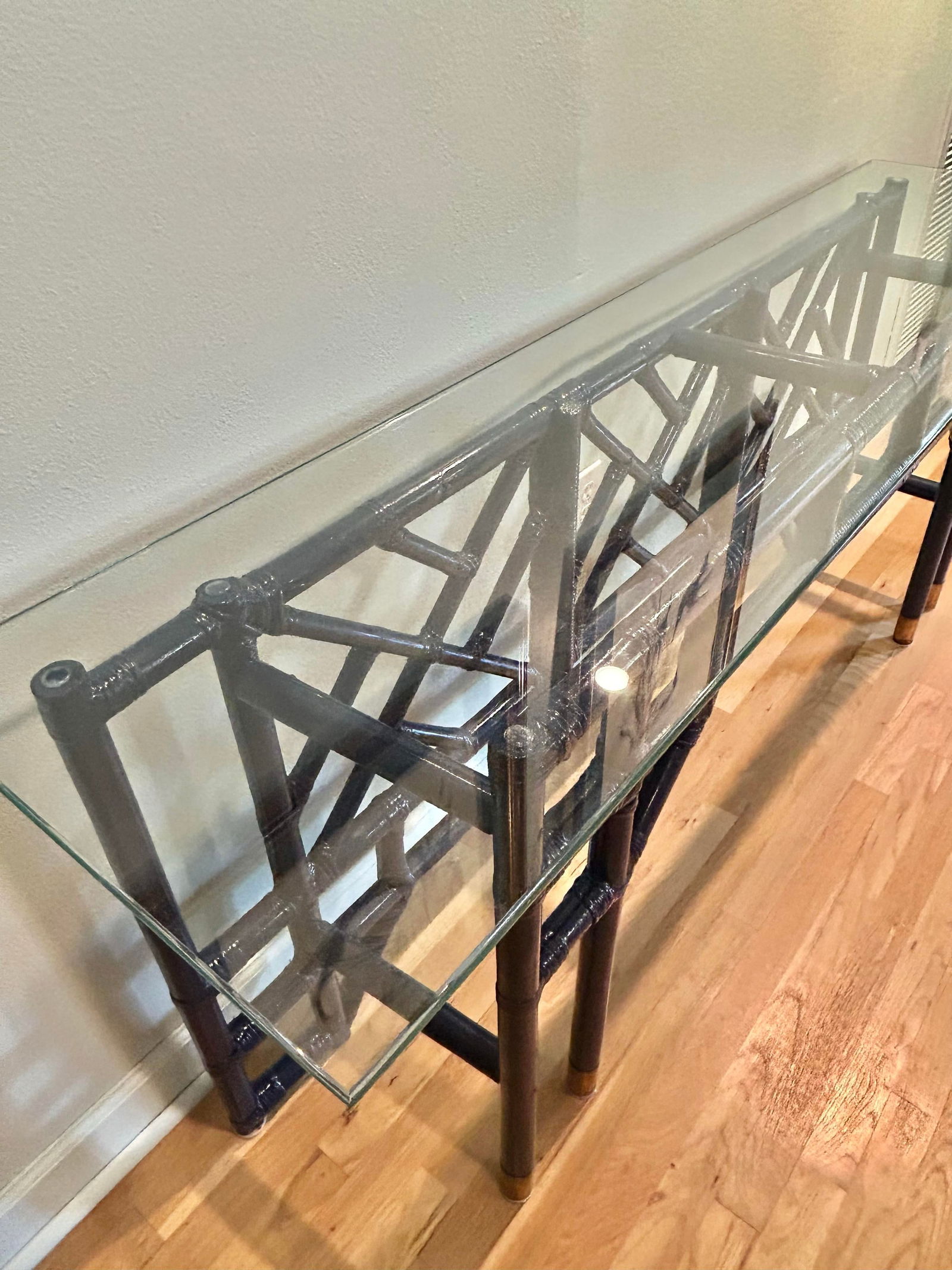 1970's Custom Chinoiserie Bamboo and Rattan Console Table With Glass Top - 4