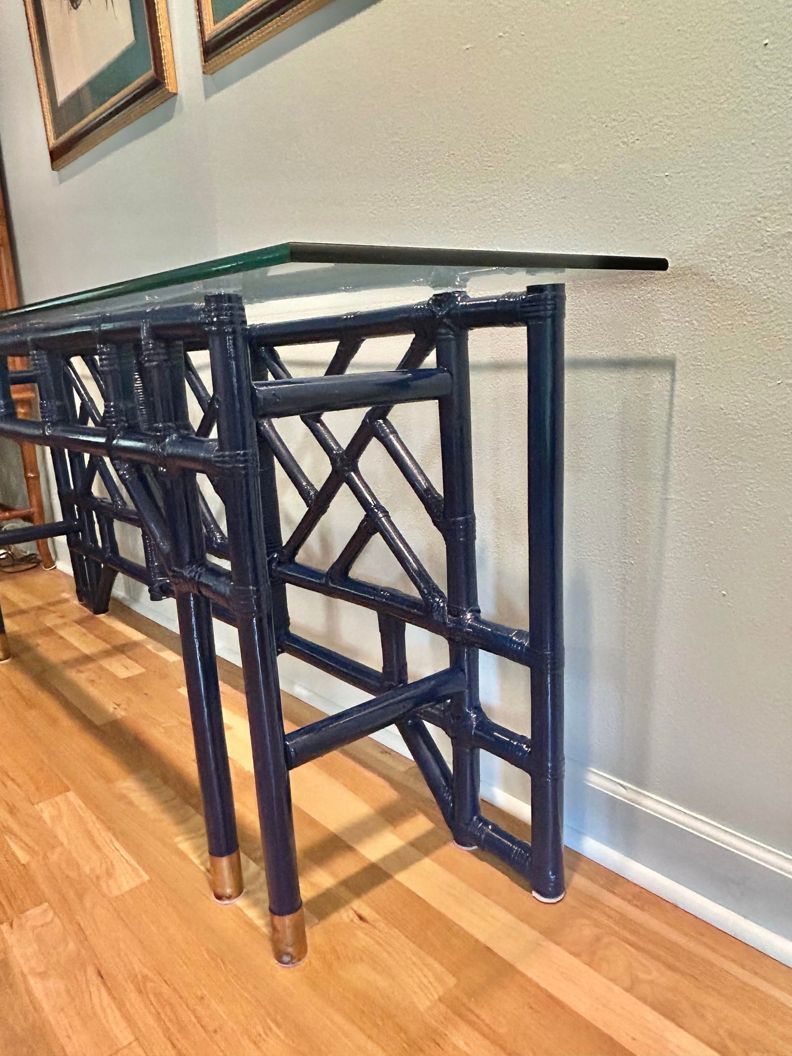 1970's Custom Chinoiserie Bamboo and Rattan Console Table With Glass Top - 5