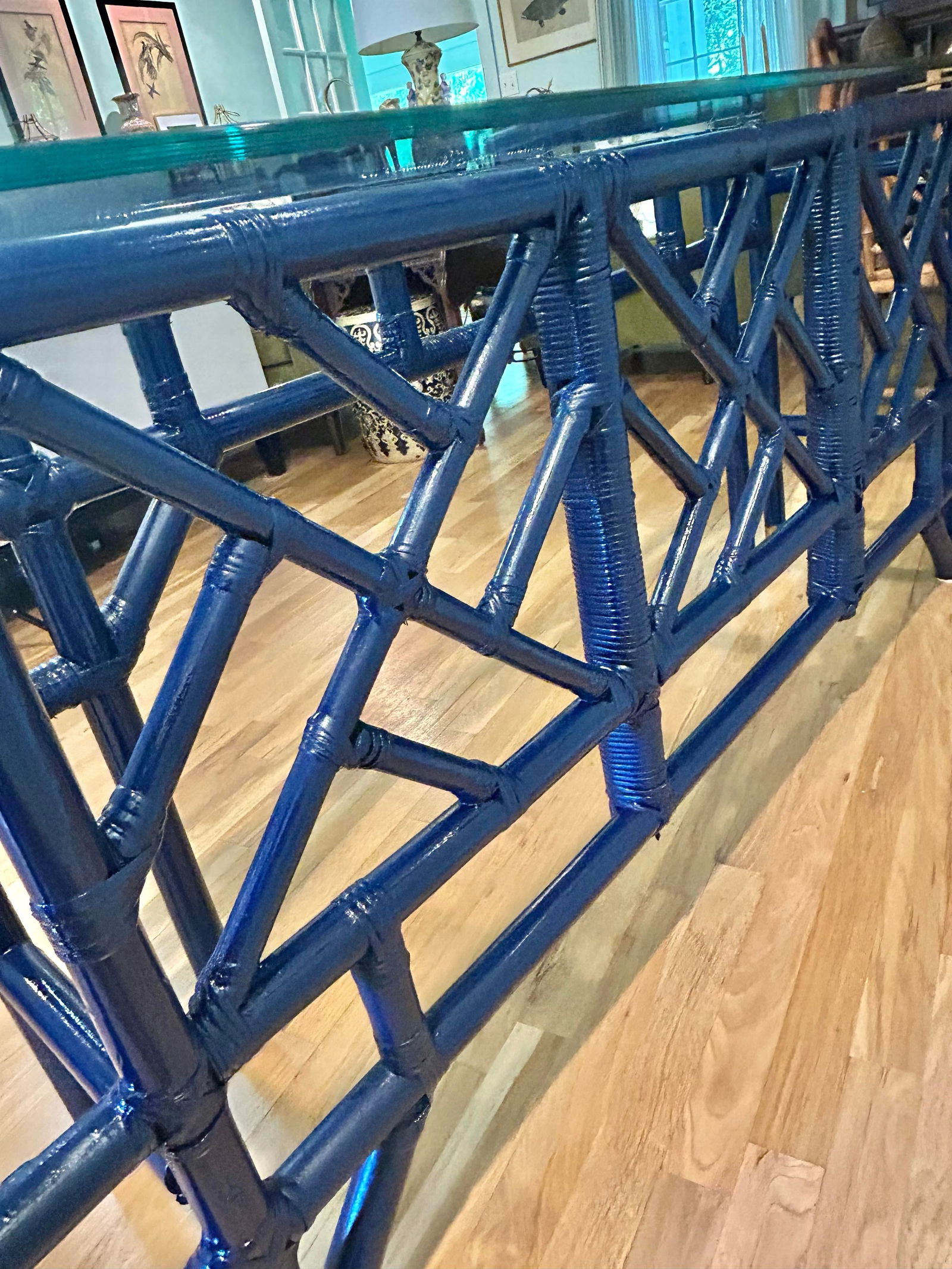 1970's Custom Chinoiserie Bamboo and Rattan Console Table With Glass Top - 6