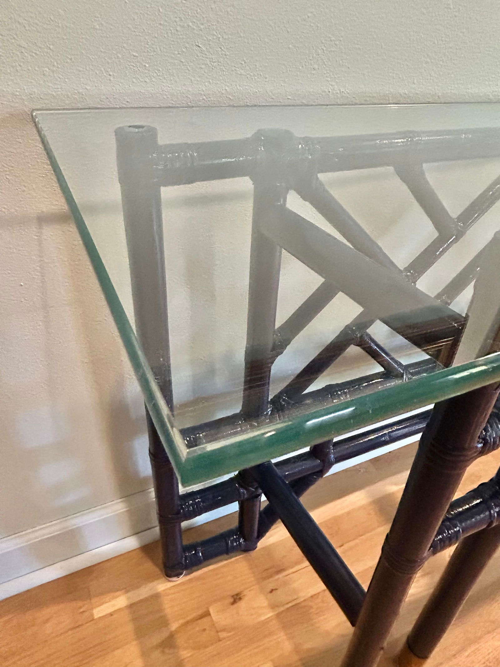 1970's Custom Chinoiserie Bamboo and Rattan Console Table With Glass Top - 7