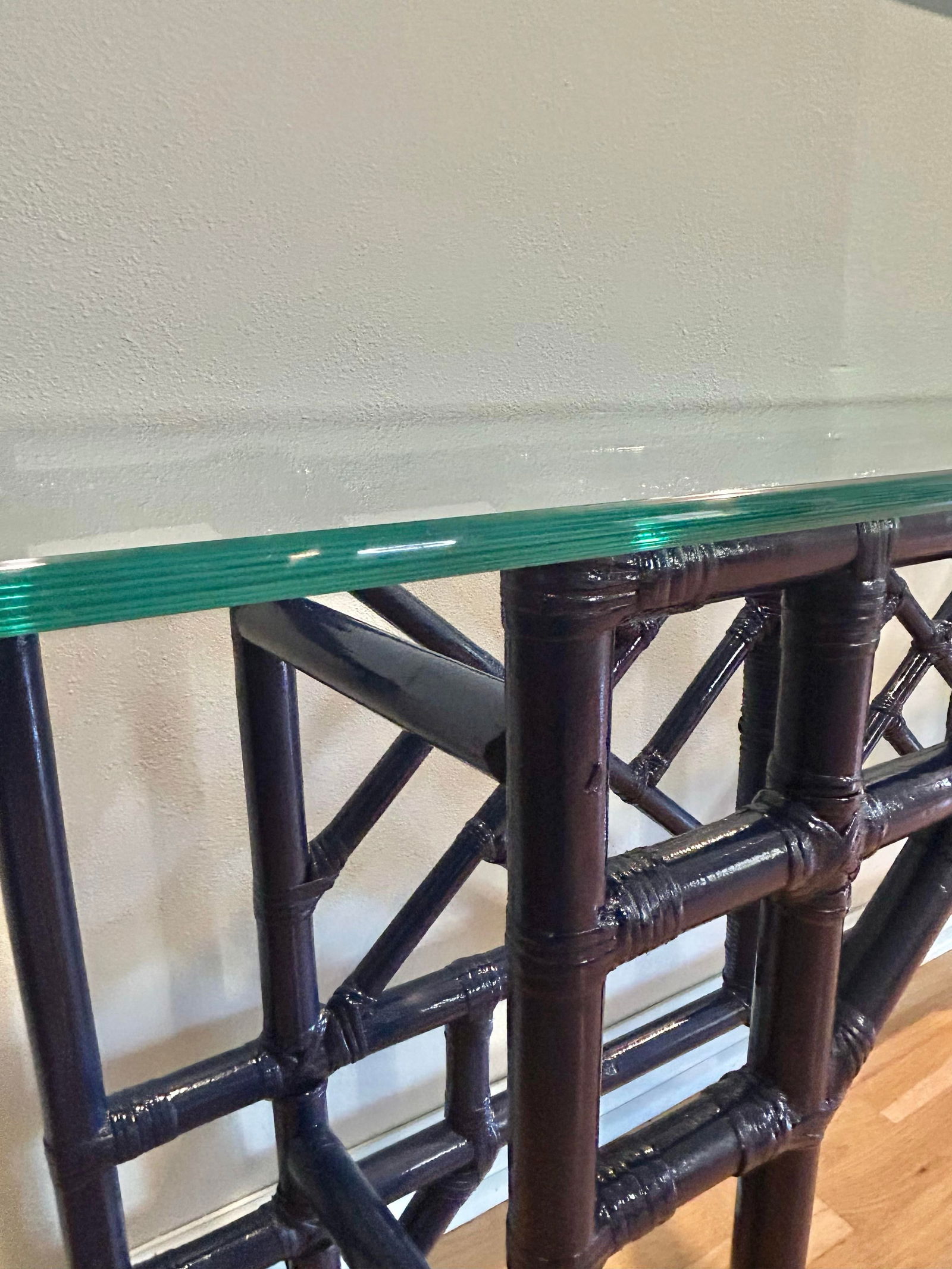 1970's Custom Chinoiserie Bamboo and Rattan Console Table With Glass Top - 8