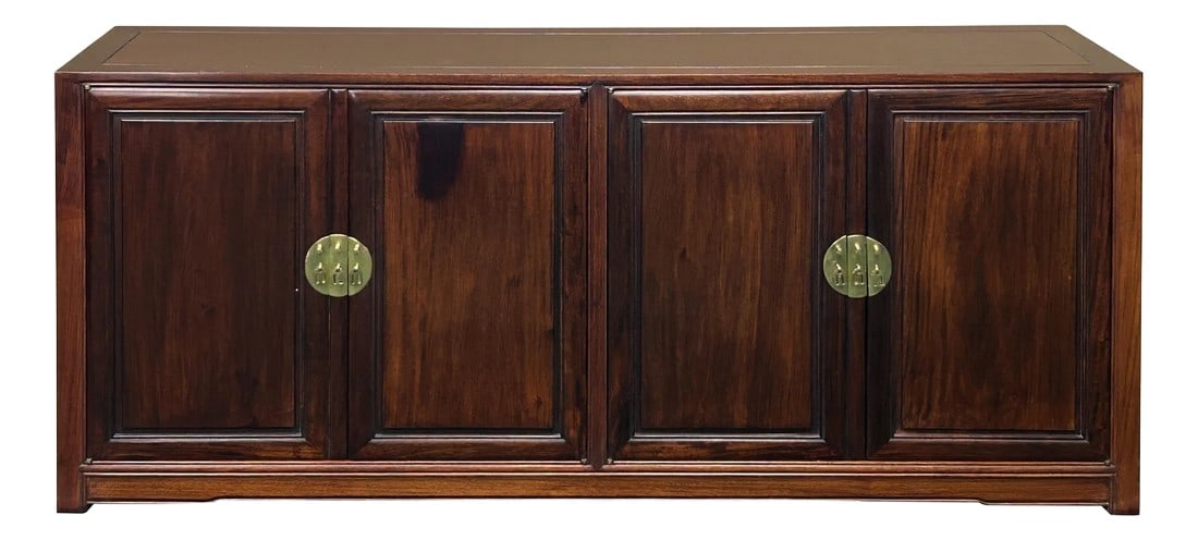 Oriental Brown Rosewood MoonFace Credenza Sideboard Console Cabinet: Discover the timeless elegance of our vintage Oriental rosewood credenza, a true statement piece for any sophisticated interior. This exquisite console sideboard cabinet, featuring authentic moon face