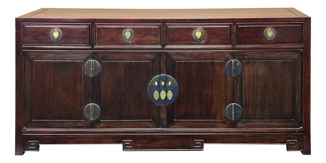 Oriental Rosewood MoonFace Drawers Credenza Sideboard Console Cabinet: Discover the timeless elegance of our vintage Oriental rosewood credenza, a true statement piece for any sophisticated interior. This exquisite console sideboard cabinet, featuring authentic moon face