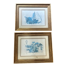 1970s Pair of Blue and White Church Prints, Signed and Framed