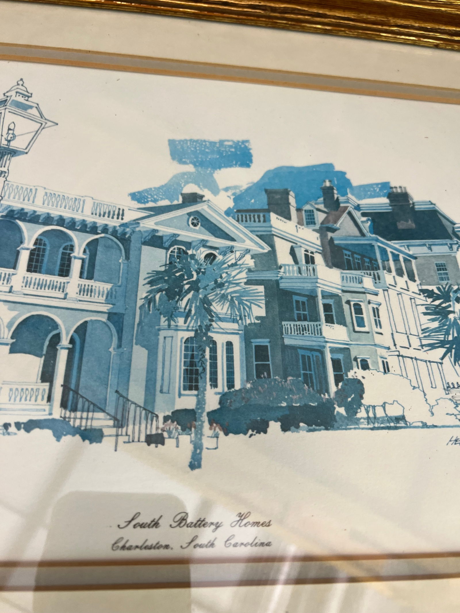 1970s Pair of Blue and White Church Prints, Signed and Framed - 3