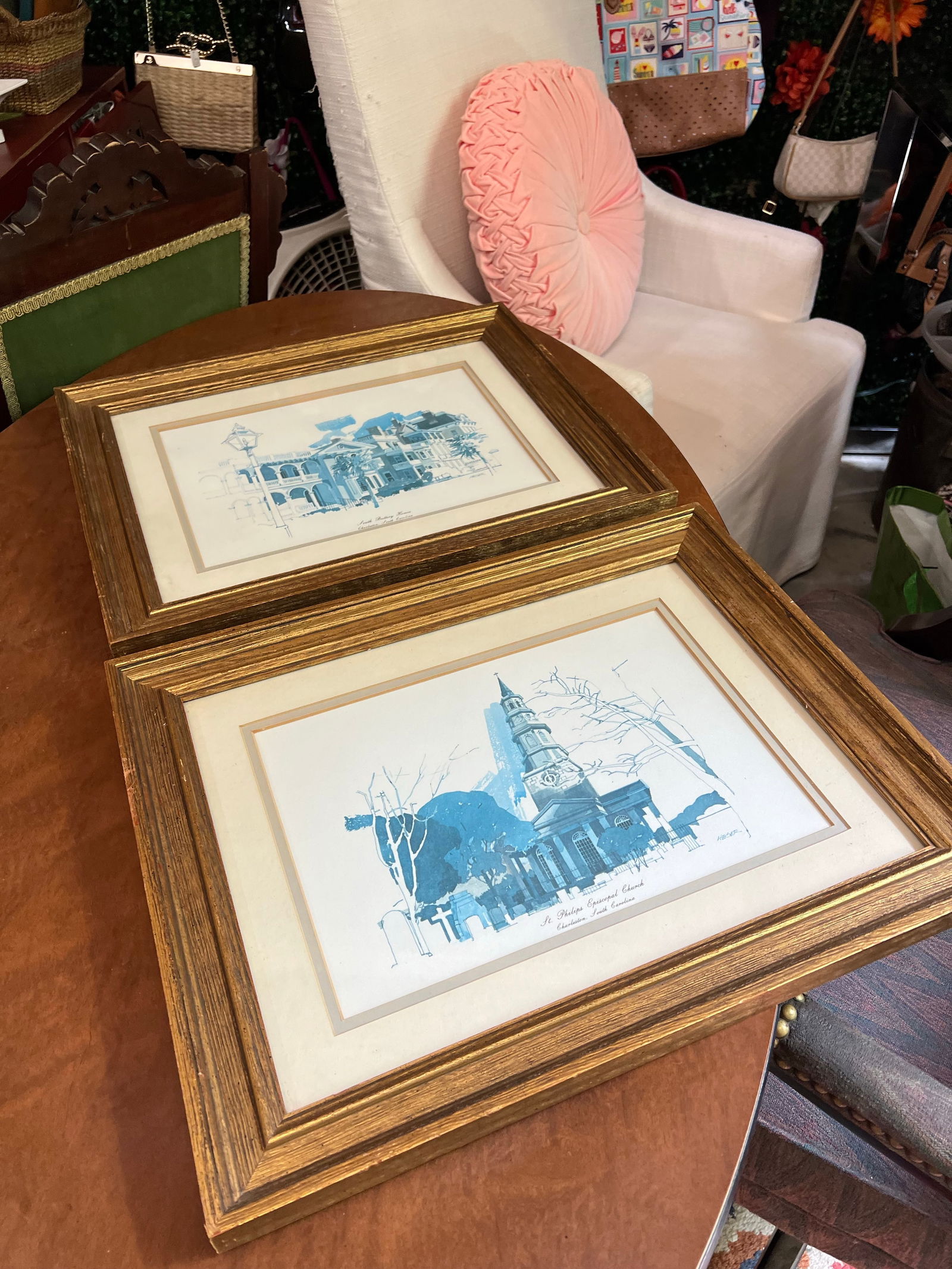 1970s Pair of Blue and White Church Prints, Signed and Framed - 4