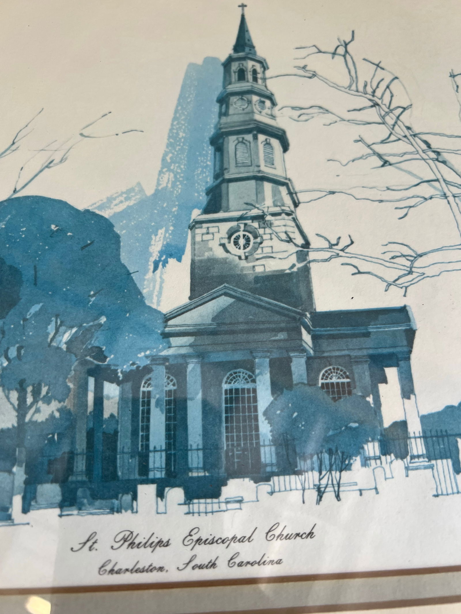 1970s Pair of Blue and White Church Prints, Signed and Framed - 5