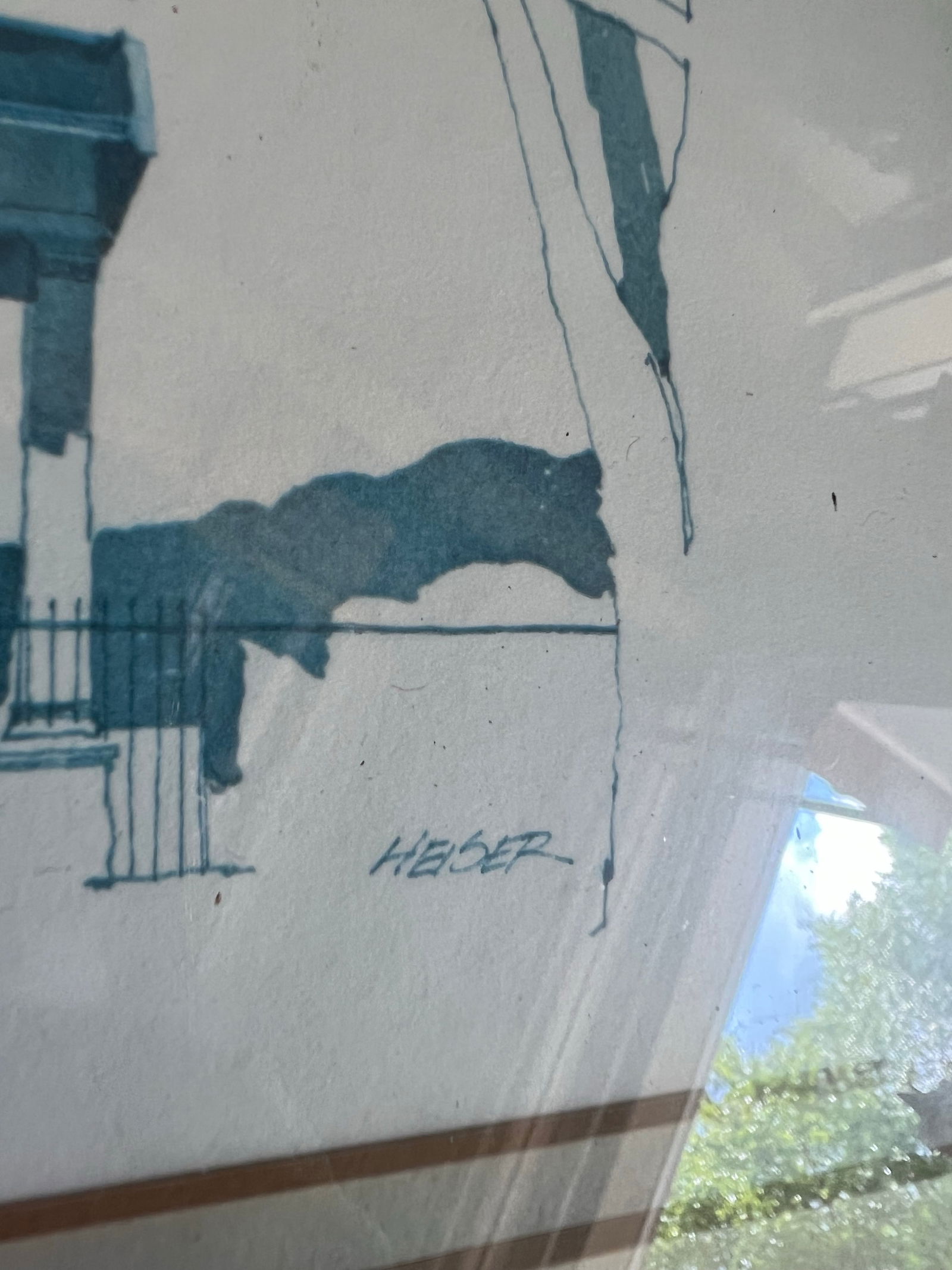 1970s Pair of Blue and White Church Prints, Signed and Framed - 6