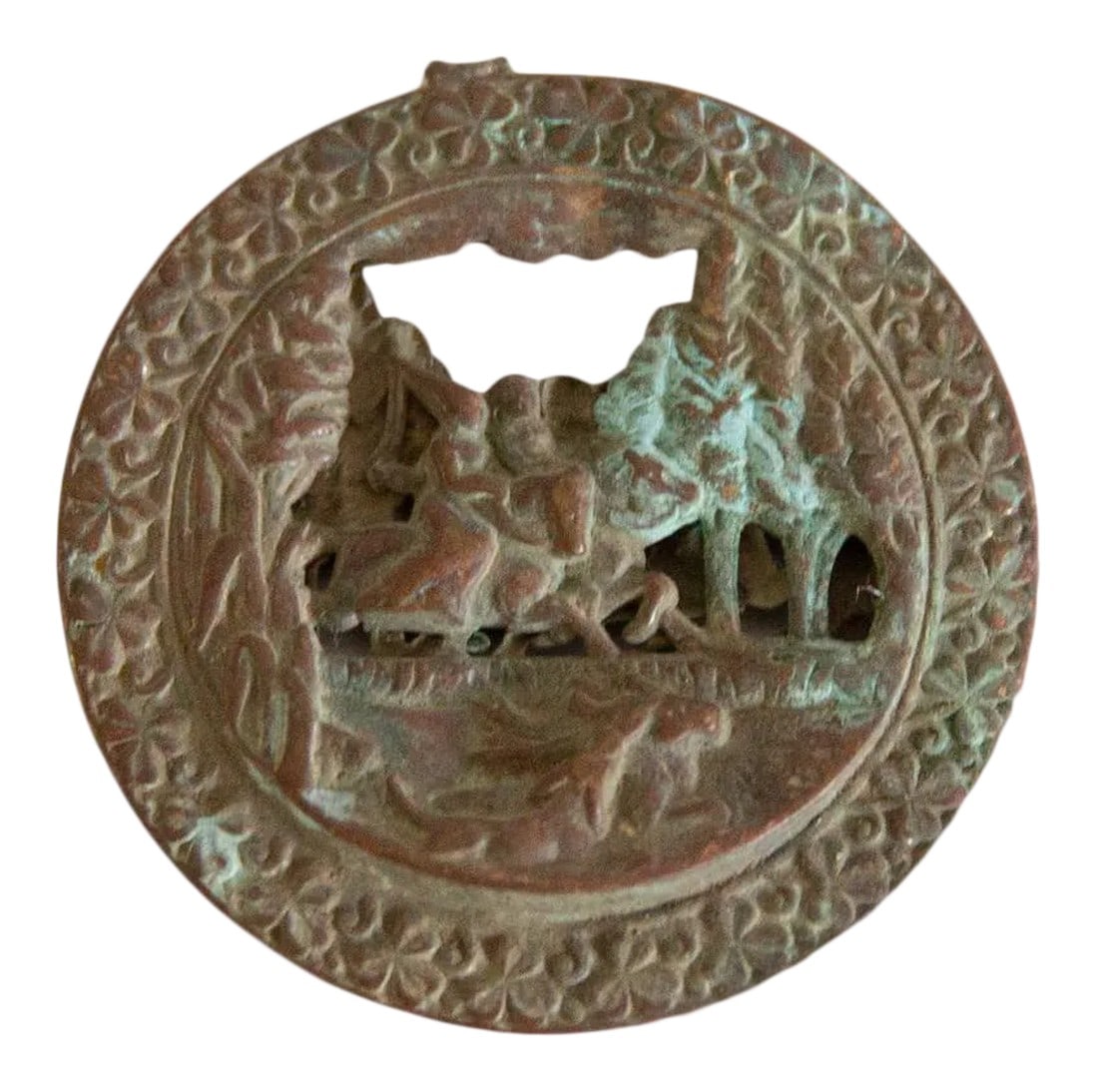 Vintage African Oxidized Bronze Decorative Object: :: Vintage handmade African oxidized bronze decorative object. Great detailing, with imagery of a prince and princess riding horseback through the woods while being stalked by what appears to be a lio