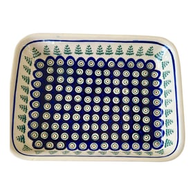 Vintage Boleslawiec Polish Folk Stoneware Pottery Rectangle Blue Peacock Design