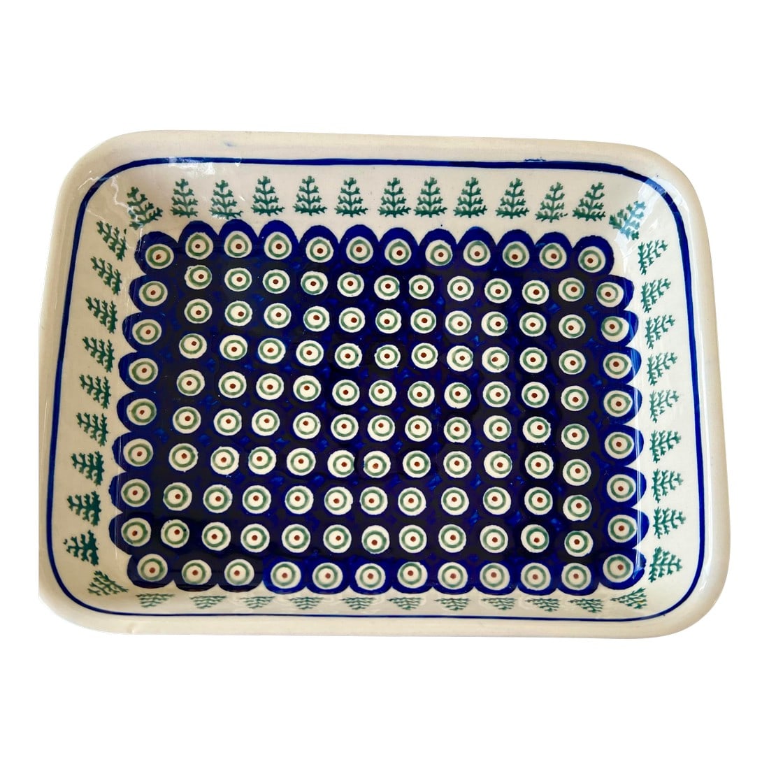 Vintage Boleslawiec Polish Folk Stoneware Pottery Rectangle Blue Peacock Design: Fine example of mid-century Art Pottery by the well-known Polish Pottery Boleslawiec. Folk Stoneware Pottery Rectangle Serving / baking dish. Polish Pottery Peacock Medium Rectangular Baker Peacock