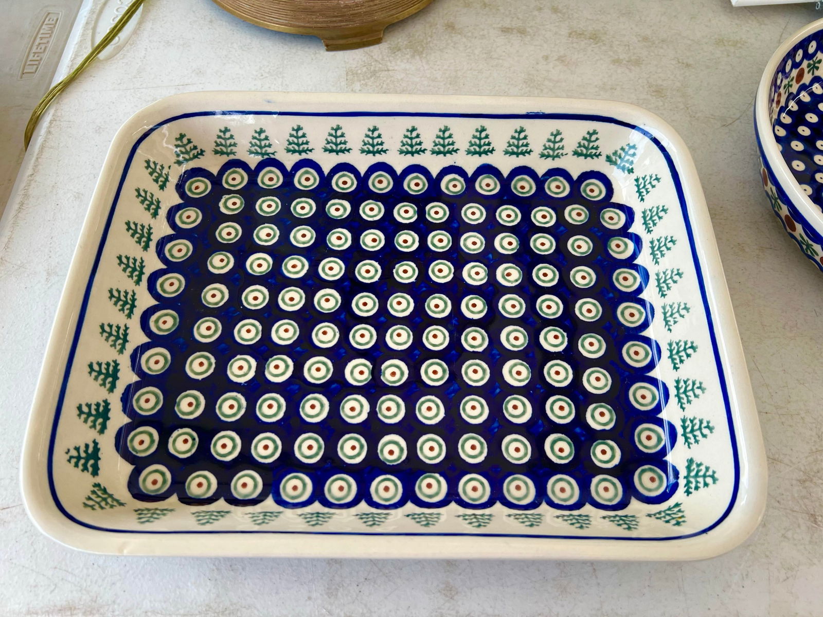 Vintage Boleslawiec Polish Folk Stoneware Pottery Rectangle Blue Peacock Design - 2