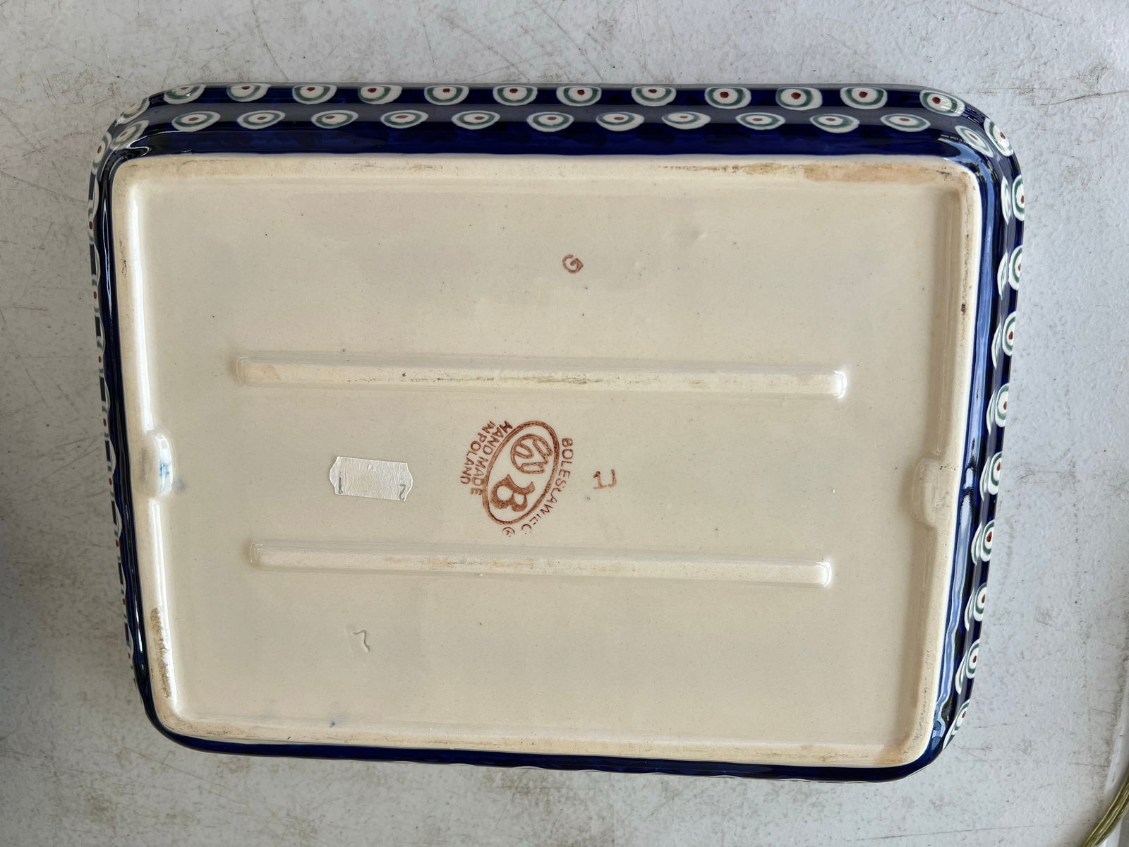 Vintage Boleslawiec Polish Folk Stoneware Pottery Rectangle Blue Peacock Design - 3