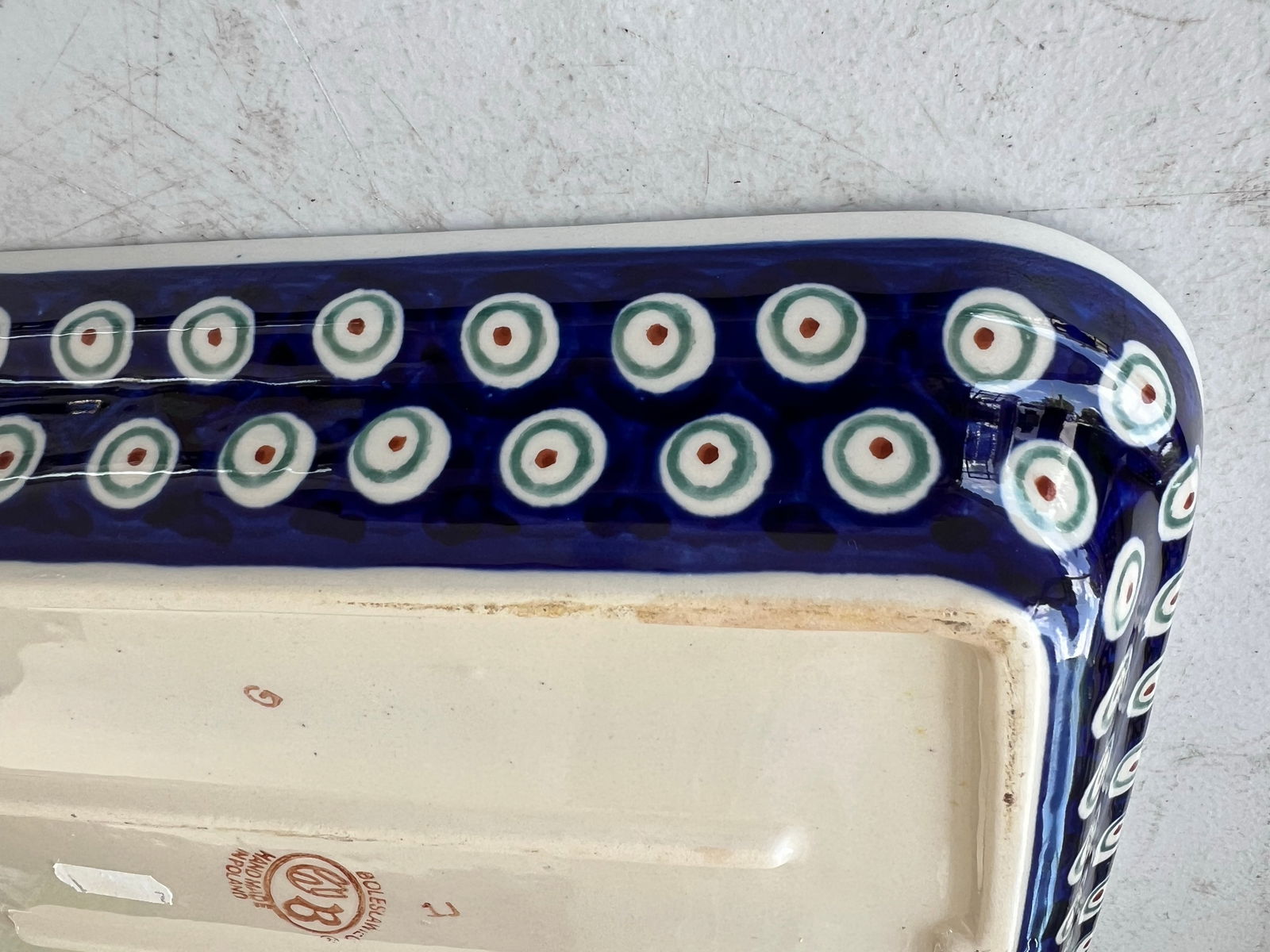 Vintage Boleslawiec Polish Folk Stoneware Pottery Rectangle Blue Peacock Design - 4