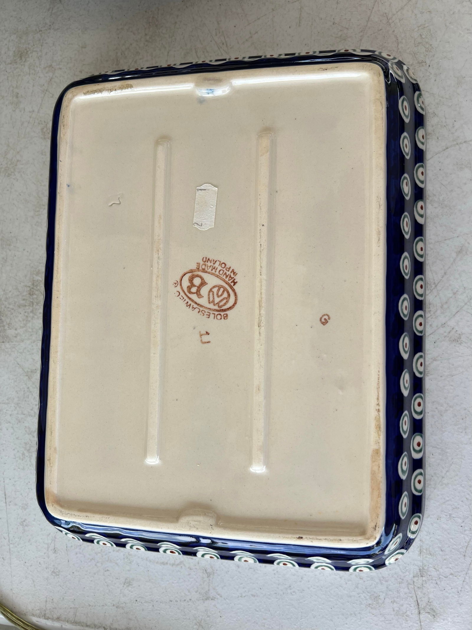 Vintage Boleslawiec Polish Folk Stoneware Pottery Rectangle Blue Peacock Design - 5