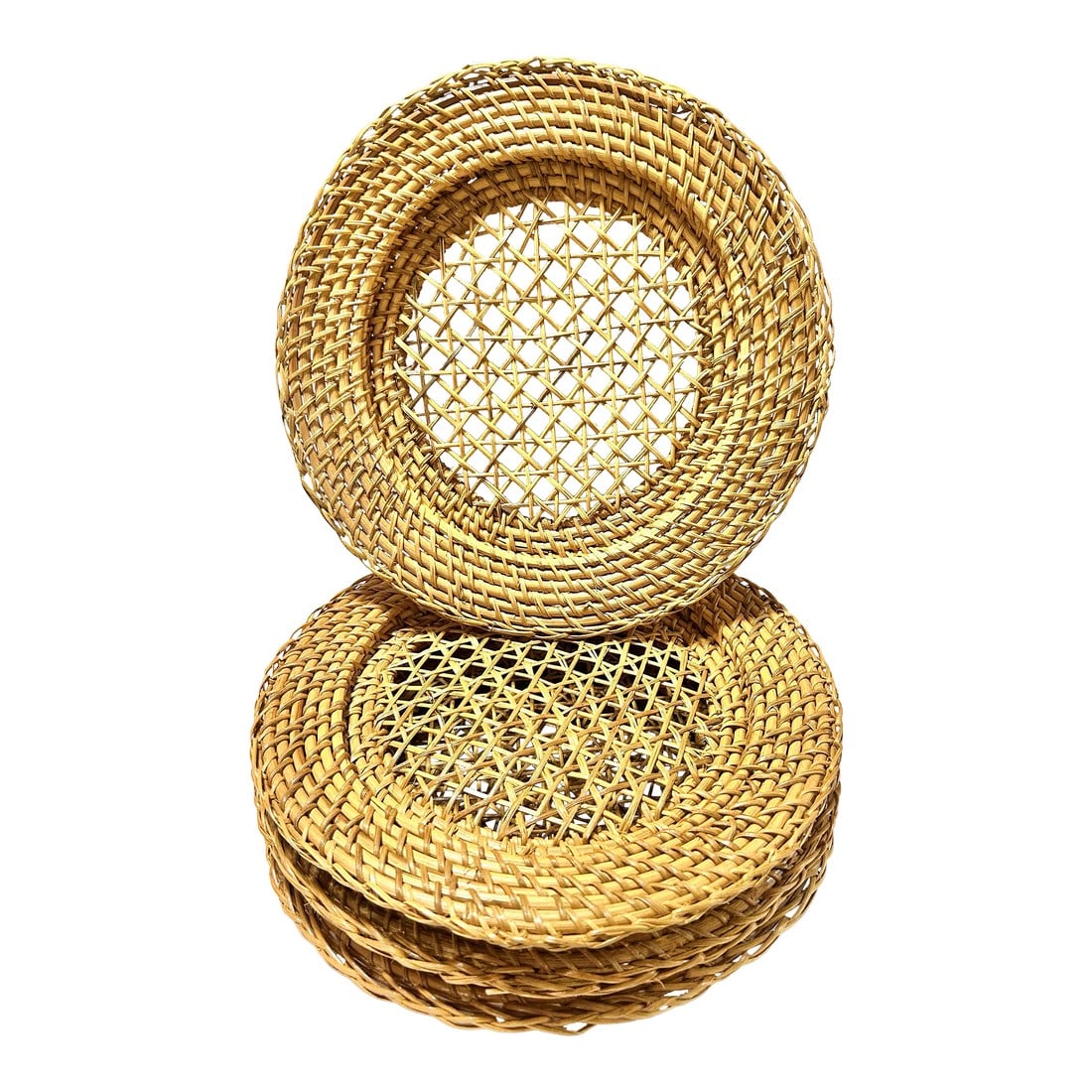 Boho Woven Rattan Wicker Cane Plate Chargers - Set of 4: A wonderful set of 4 rattan plate chargers. Perfect for those summertime get-togethers. Dimensions 13" wide/deep 1.25" tall center opening is 9" Condition: Alterations: Original Condition