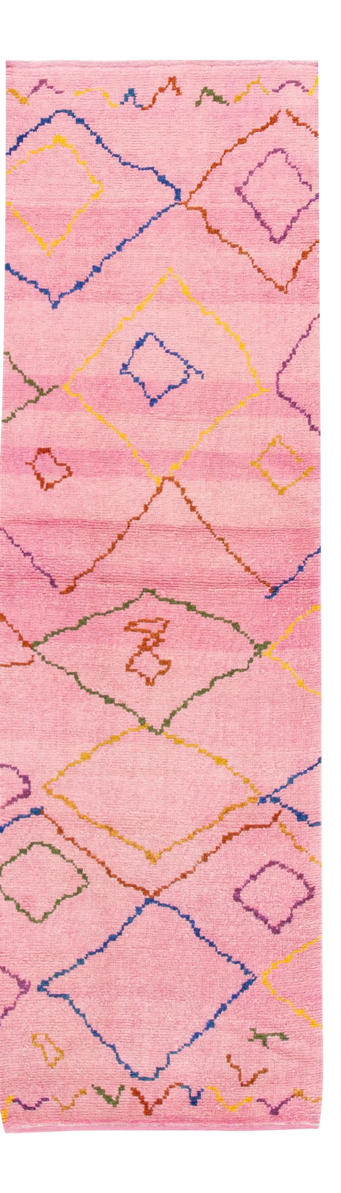 21st Century Modern Moroccan Style Wool Runner: Beautiful contemporary Moroccan style runner rug, hand-knotted wool with pink accents, multi-color accents in a gorgeous all-over tribal design. This rug measures: 2'10" x 9'9". Condition: