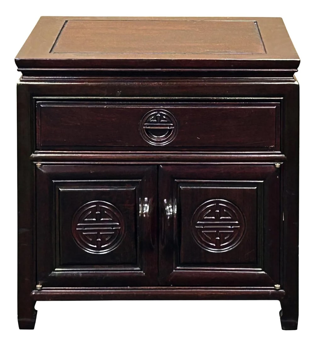 Chinese Oriental Rosewood Character Motif End Table Nightstand: Elevate your home decor with this exquisite vintage Oriental Rosewood nightstand or end table. Crafted from rich, dark brown rosewood, this piece boasts classic Asian design elements including a