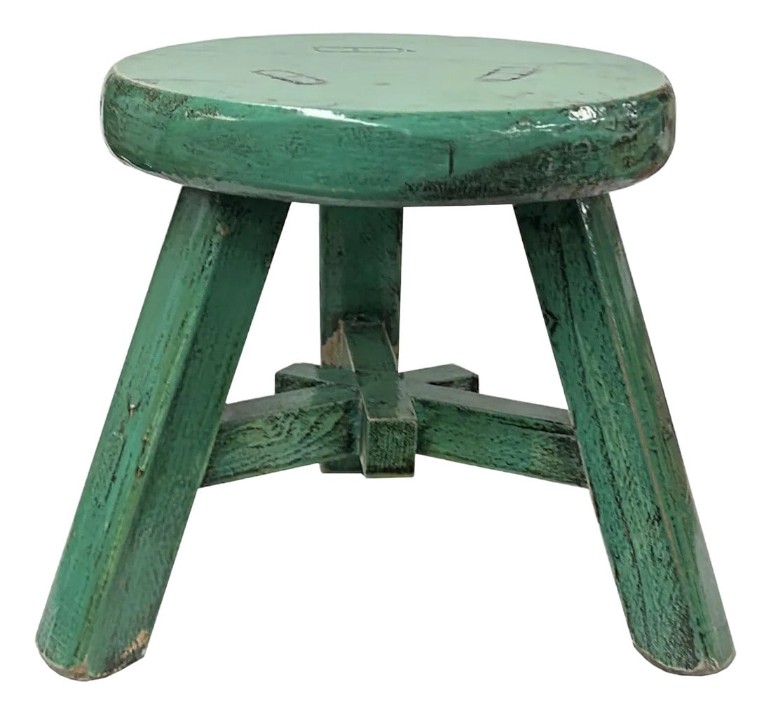 Rustic Distressed Teal Green Round Top Tri-Legs Small Short Stool Table Stand: This charming, rustic teal green wooden stool, brings a touch of vintage appeal to any space. Perfect as a small stool, side table, or plant stand, its unique round top and sturdy tri-legs offer both