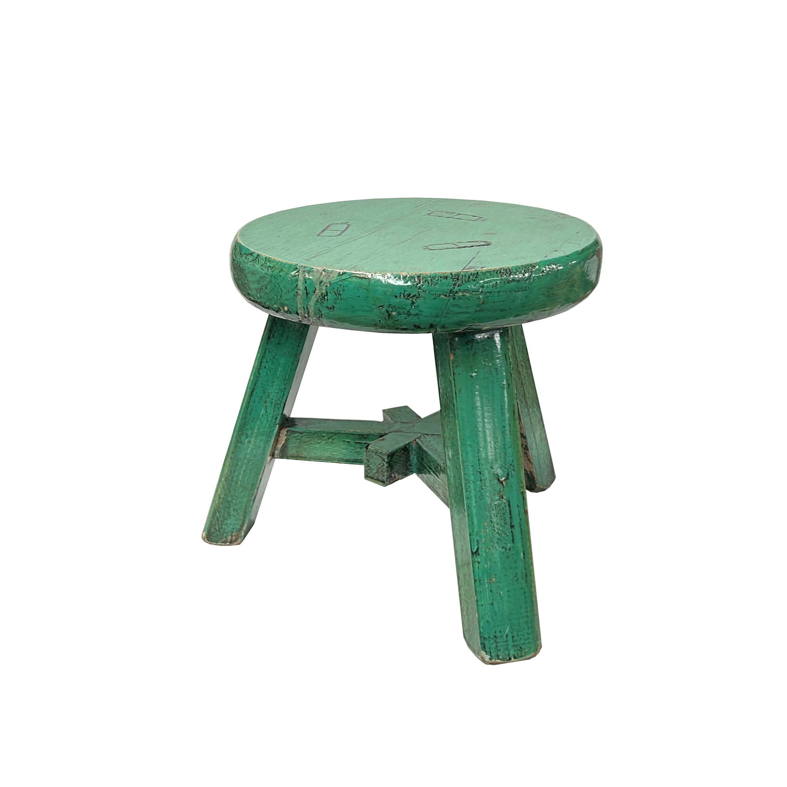 Rustic Distressed Teal Green Round Top Tri-Legs Small Short Stool Table Stand - 2