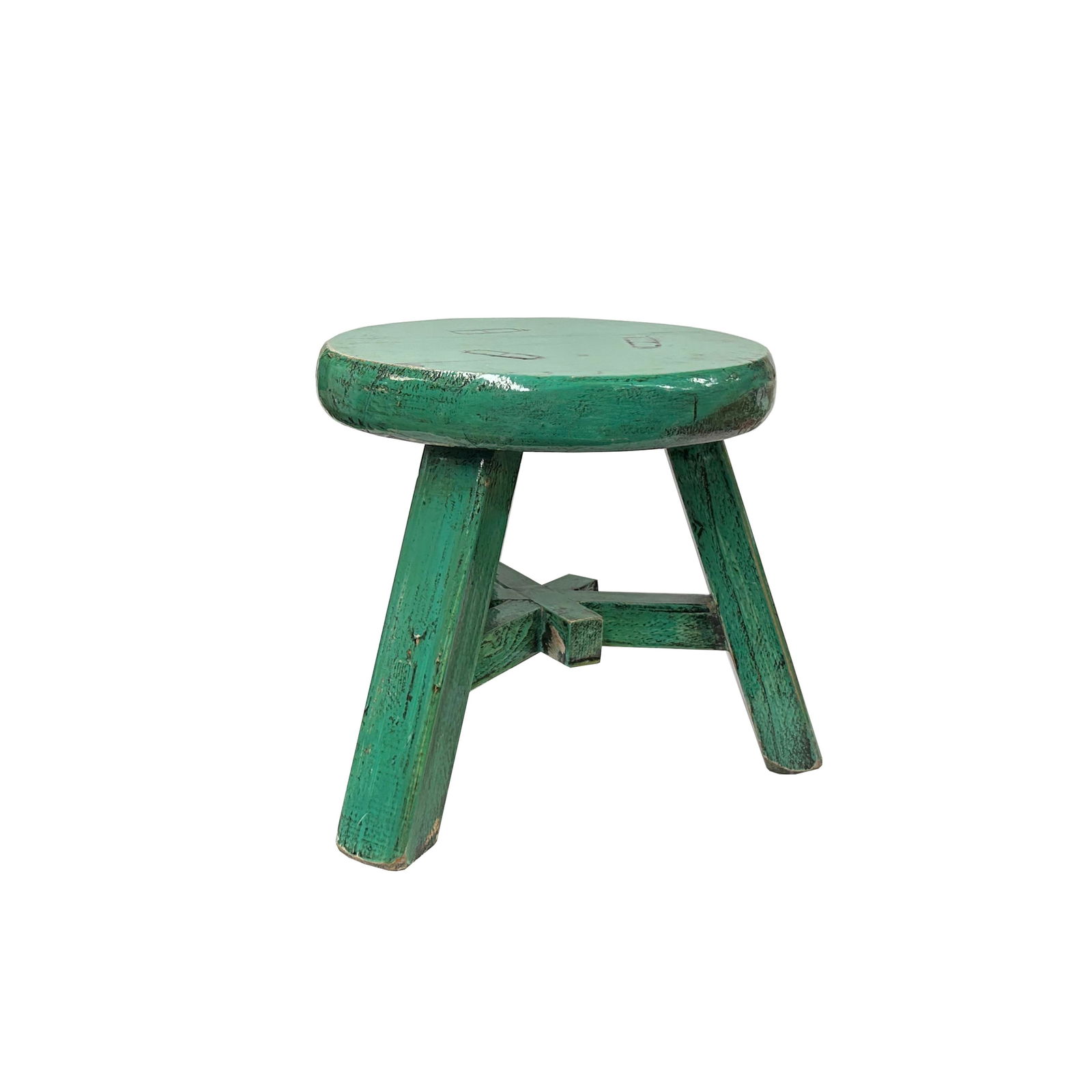 Rustic Distressed Teal Green Round Top Tri-Legs Small Short Stool Table Stand - 3