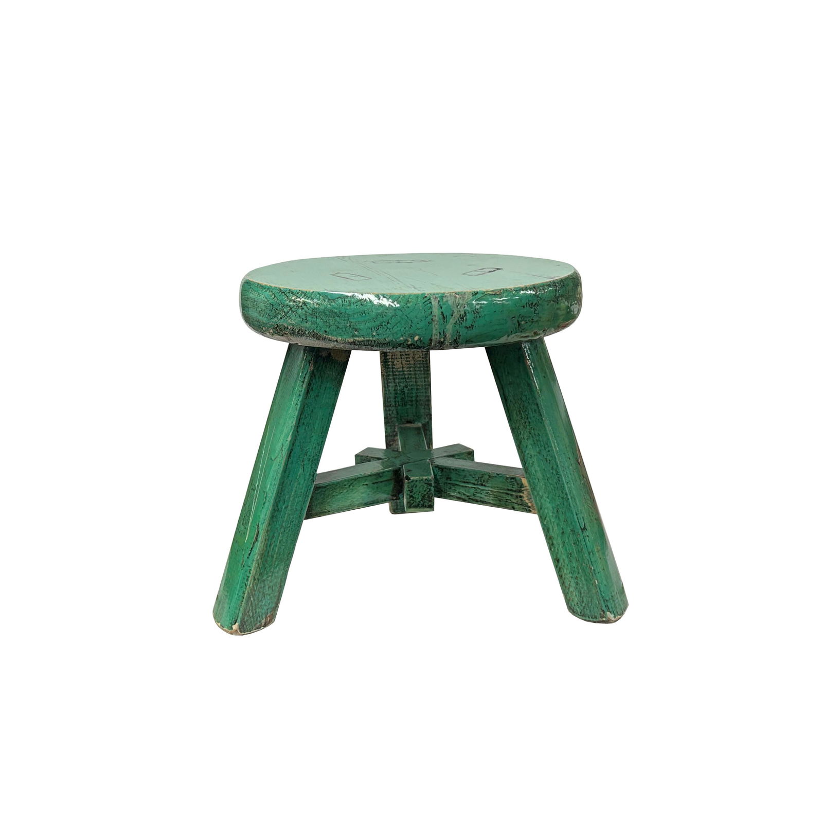 Rustic Distressed Teal Green Round Top Tri-Legs Small Short Stool Table Stand - 4