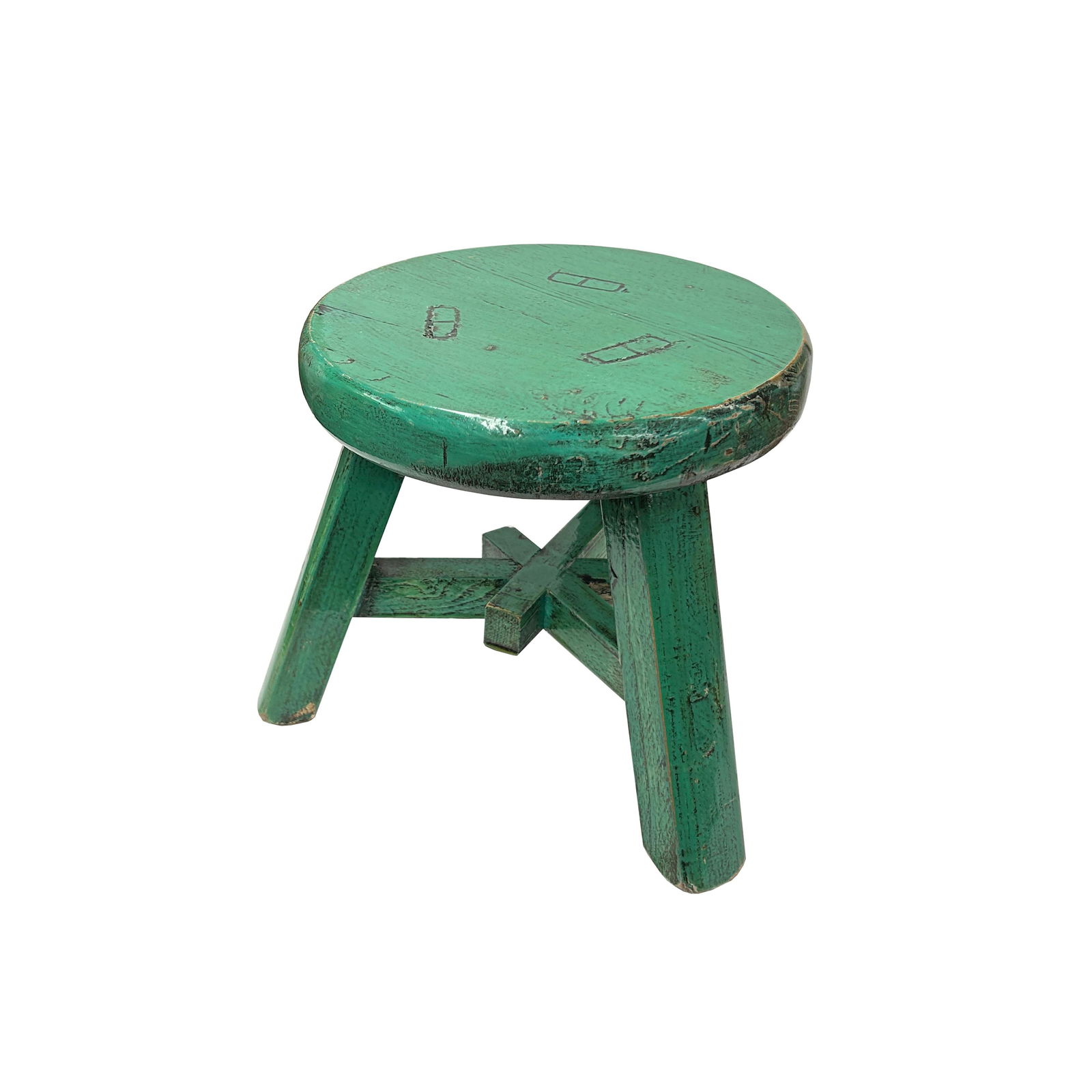Rustic Distressed Teal Green Round Top Tri-Legs Small Short Stool Table Stand - 5