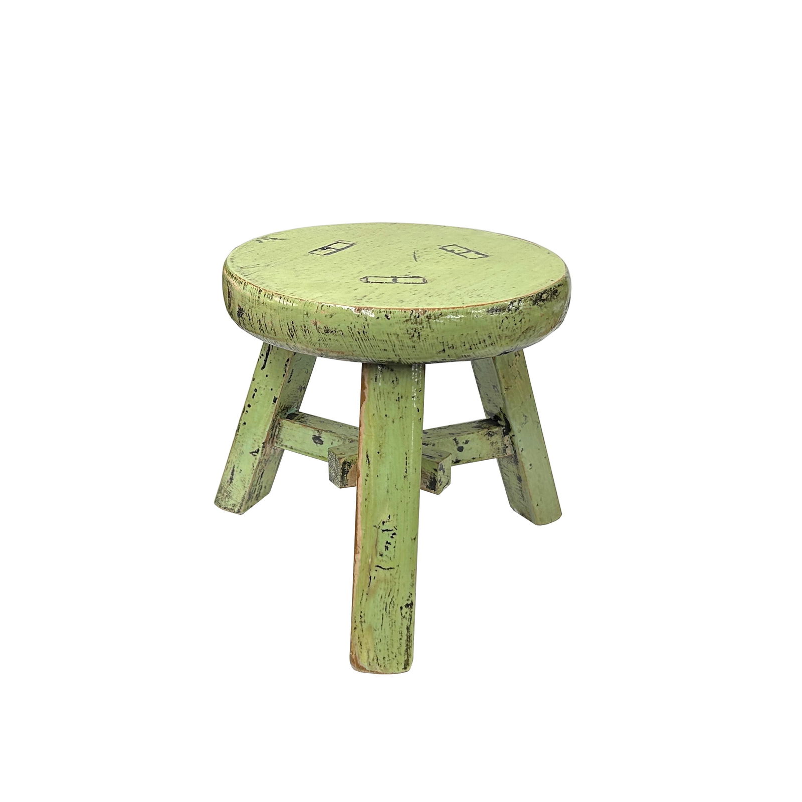 Distressed Light Green Round Top Tri-Legs Small Short Stool Table Stand - 3