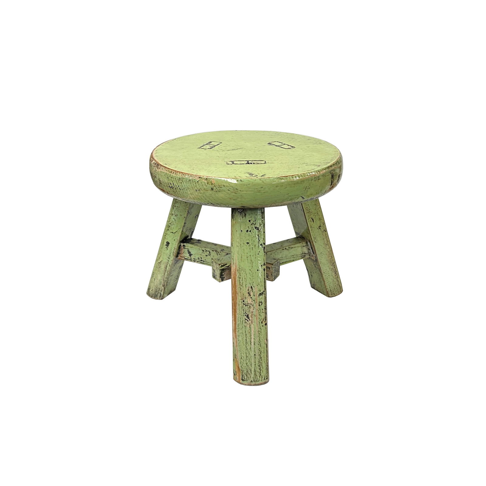 Distressed Light Green Round Top Tri-Legs Small Short Stool Table Stand - 4