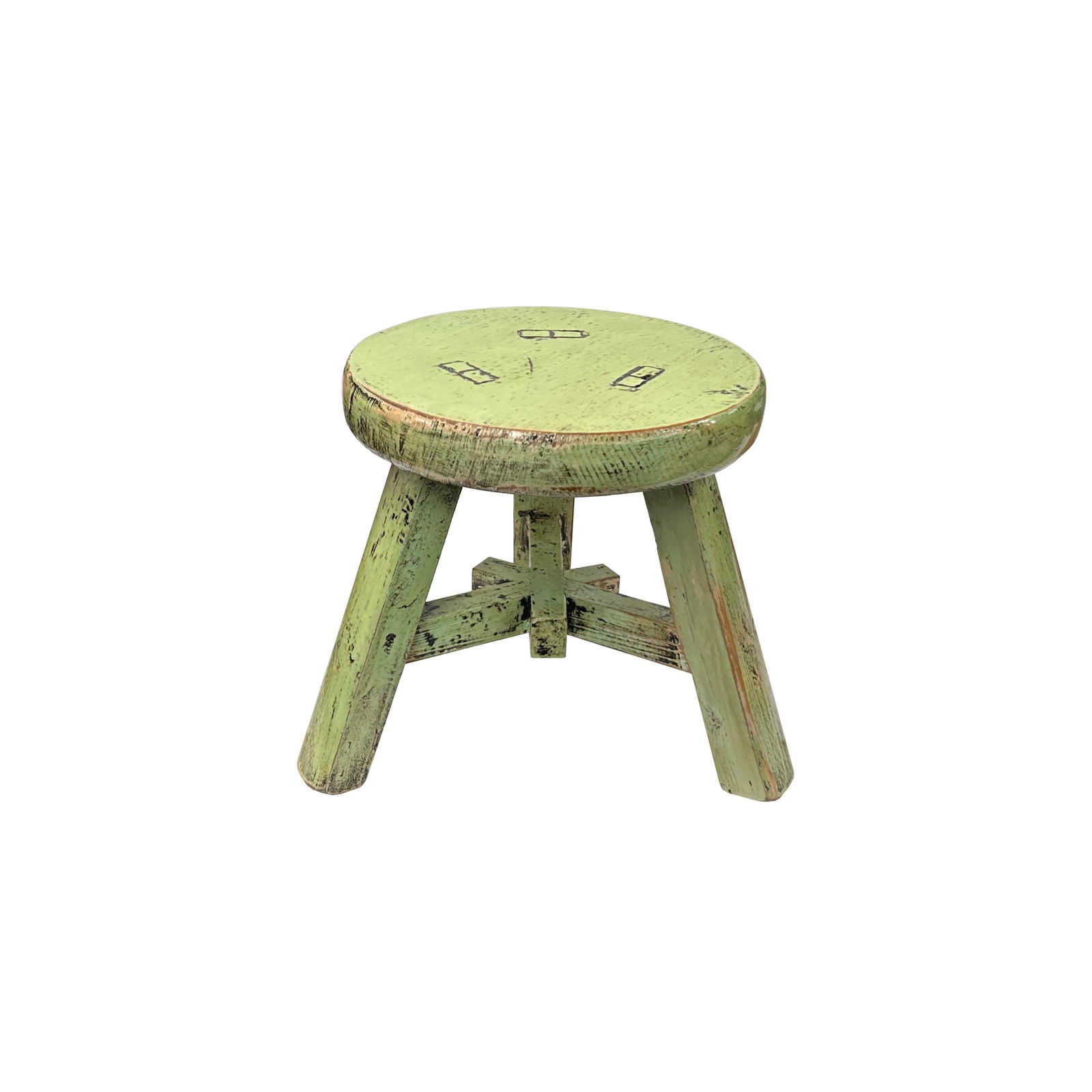 Distressed Light Green Round Top Tri-Legs Small Short Stool Table Stand - 5
