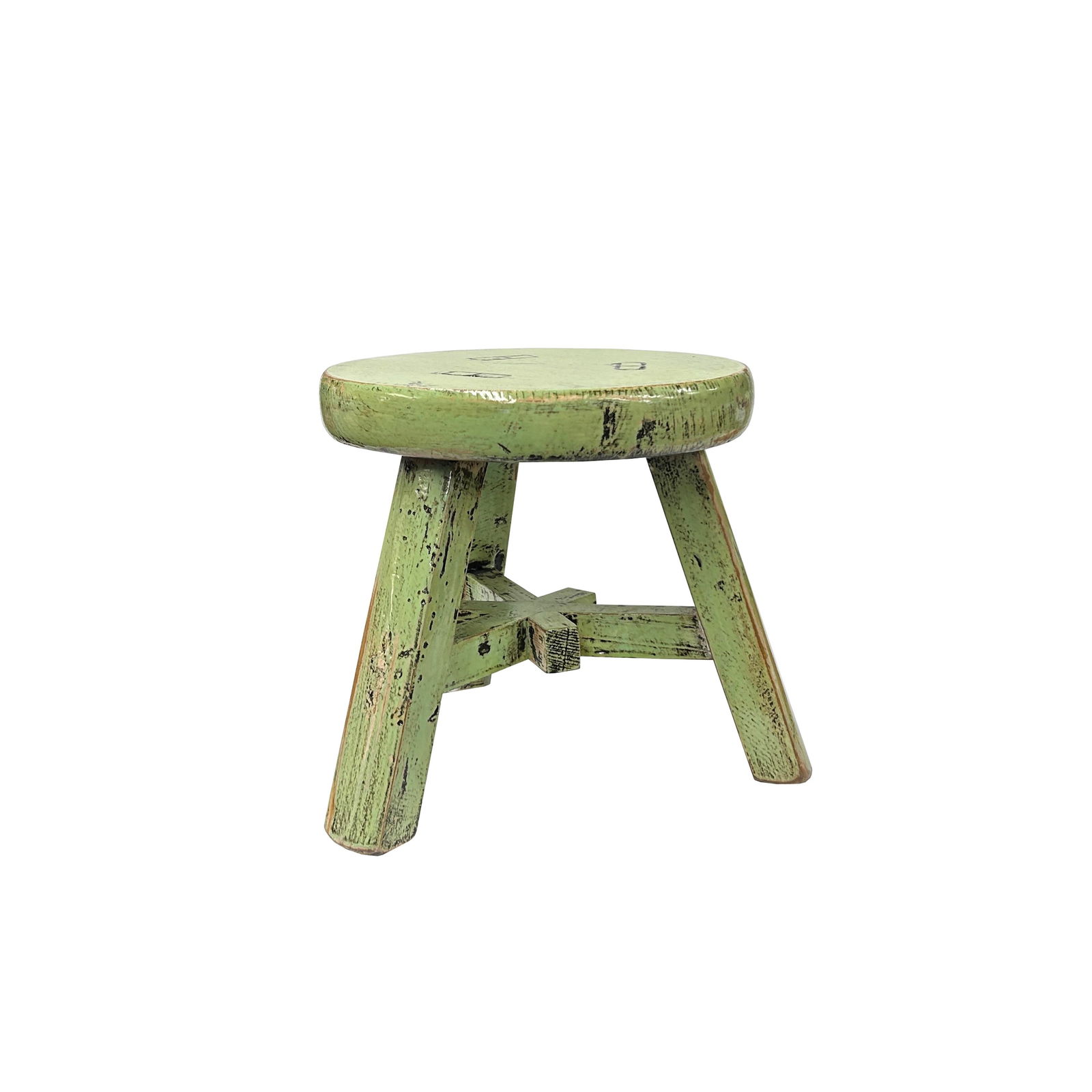Distressed Light Green Round Top Tri-Legs Small Short Stool Table Stand - 6