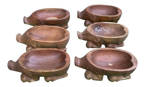 1970s Collection of Pig Teak Bowls - Set of 6
