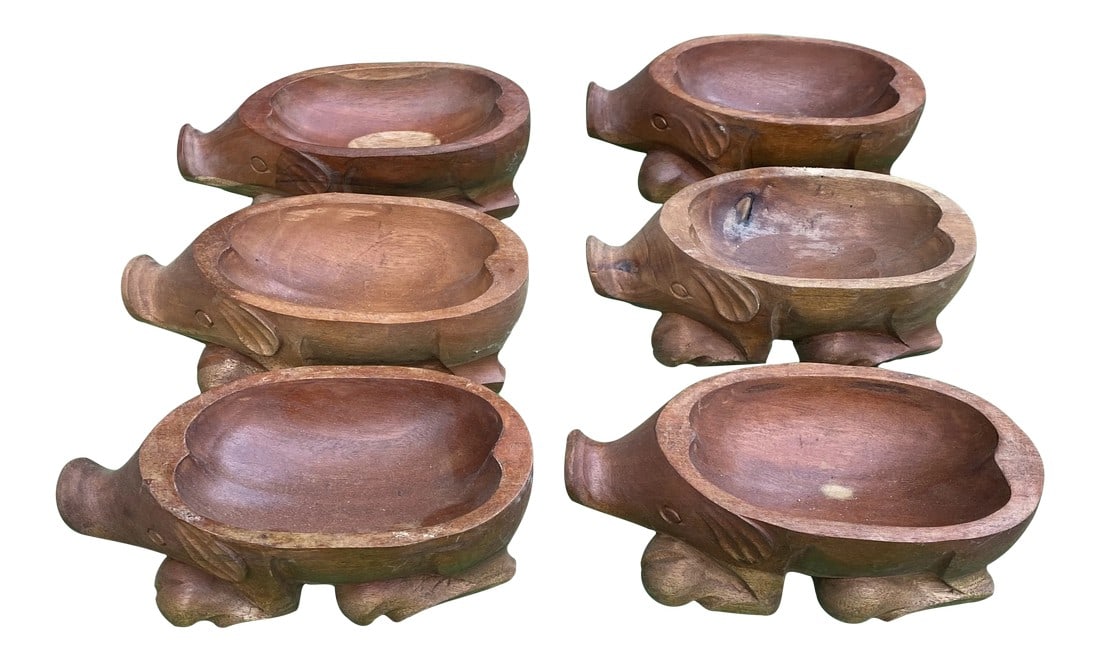 1970s Collection of Pig Teak Bowls - Set of 6: Adorable set of six handcarved pig teak bowls. Perfect to add character to any tabletop. Condition: Alterations: Original Condition Unaltered Imperfections: Some Imperfections Condition Notes: In