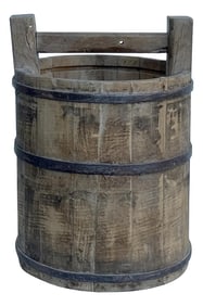 Vintage Rustic Raw Tan Round With Handle Wood Bucket