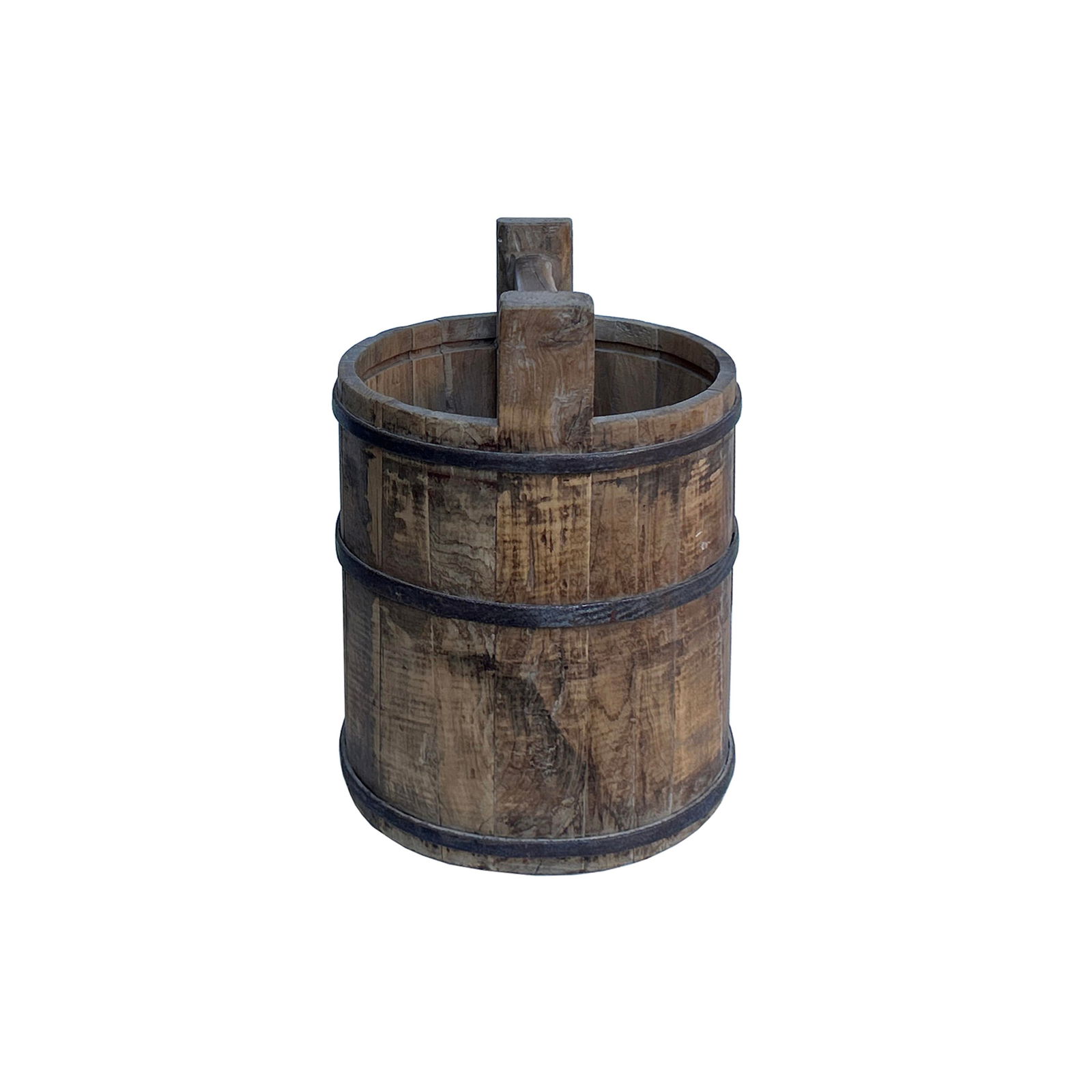 Vintage Rustic Raw Tan Round With Handle Wood Bucket - 2