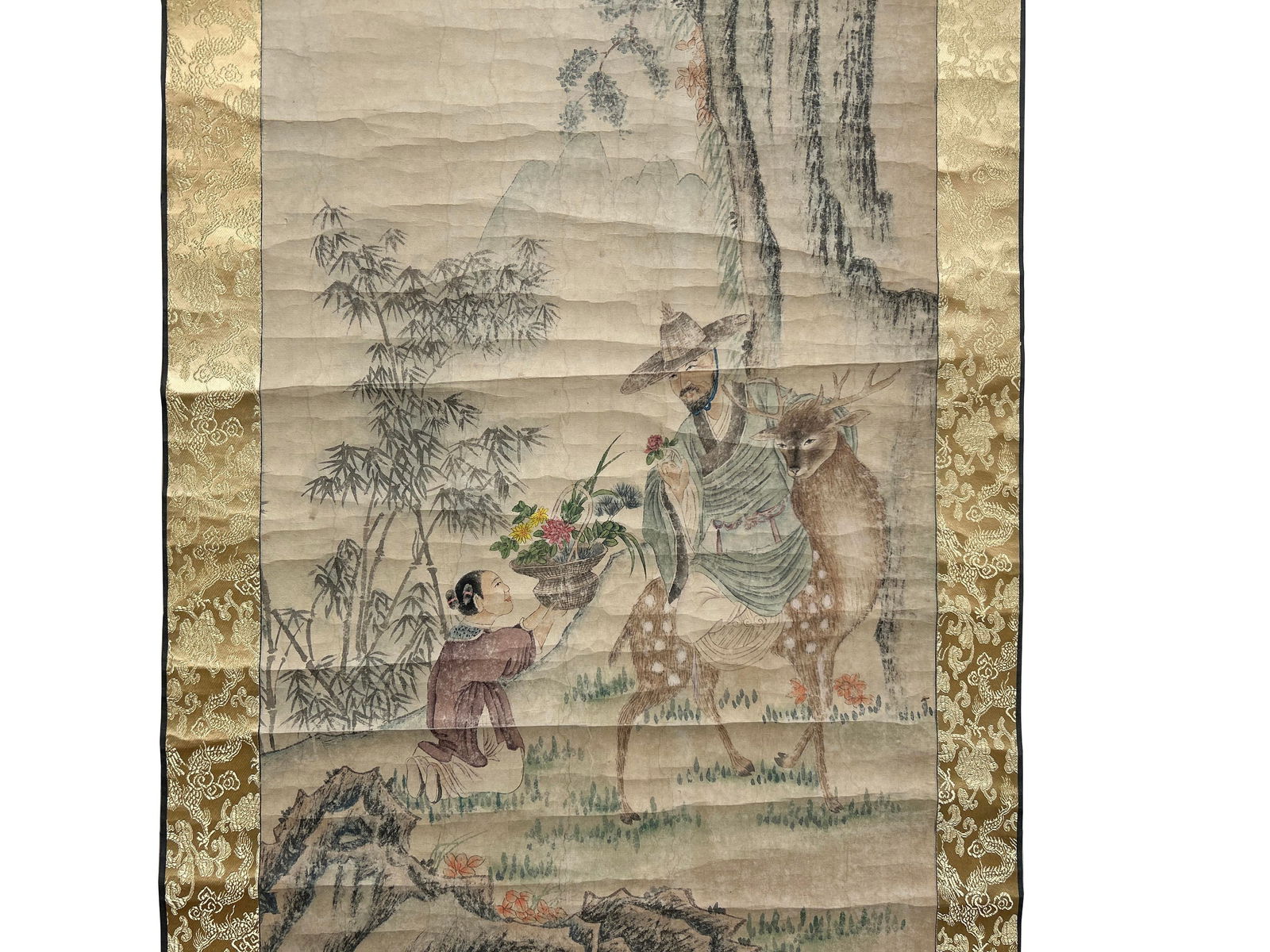 Chinese Ink Brush Kid Old Man Deer Scenery Scroll Painting Wall Art - 2