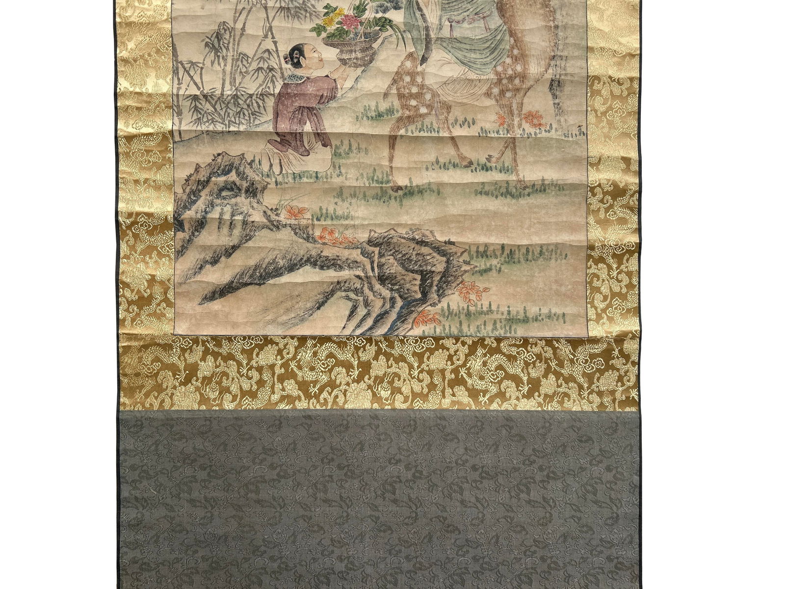 Chinese Ink Brush Kid Old Man Deer Scenery Scroll Painting Wall Art - 3