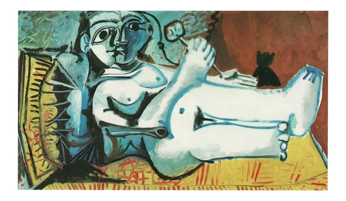 1971 After Pablo Picasso "Reclining Nude With Cat", Period Parisian Full-Color Print: An excellent period full-color print after oil on canvas Cubist painting "Reclining Nude with Cat (1964) by Pablo Picasso. Comes from a rare portfolio of the artist published by New French Editions