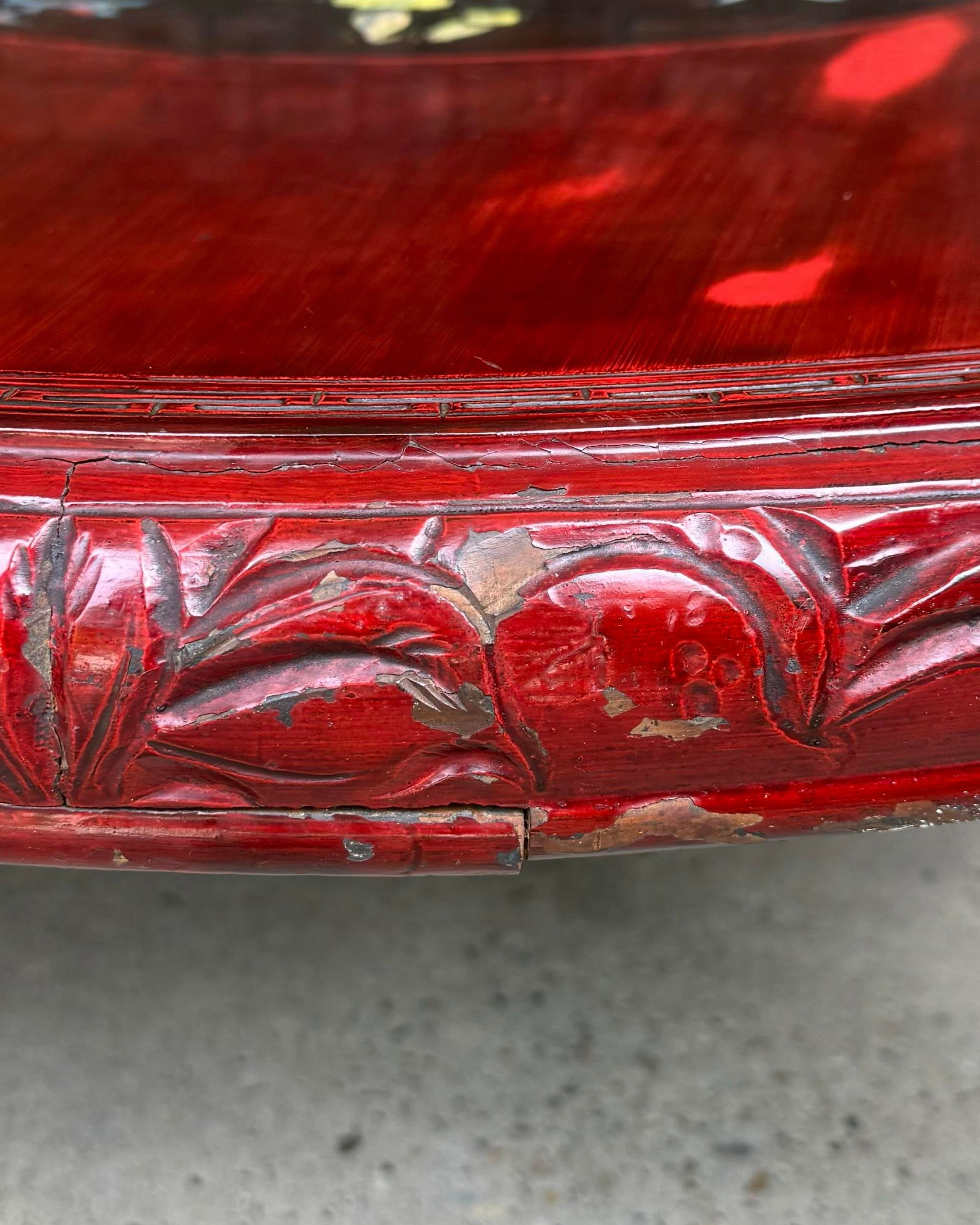 Chic Vintage Asian Lacquerd Carved Tea /Coffee Table With Floral Design - 10