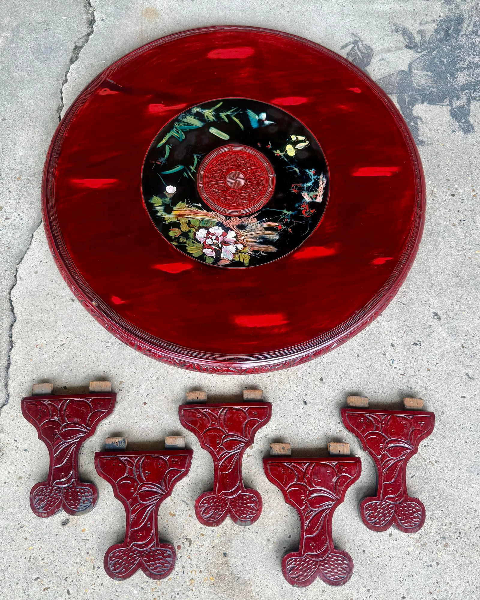 Chic Vintage Asian Lacquerd Carved Tea /Coffee Table With Floral Design - 12