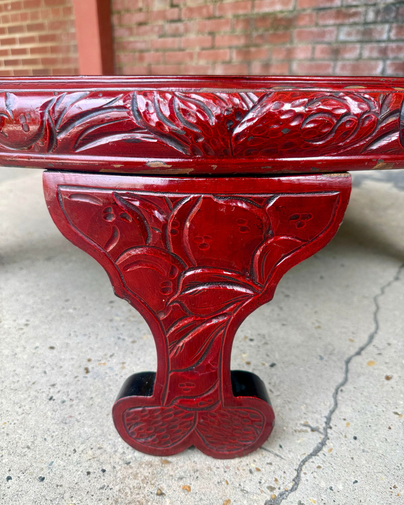 Chic Vintage Asian Lacquerd Carved Tea /Coffee Table With Floral Design - 3