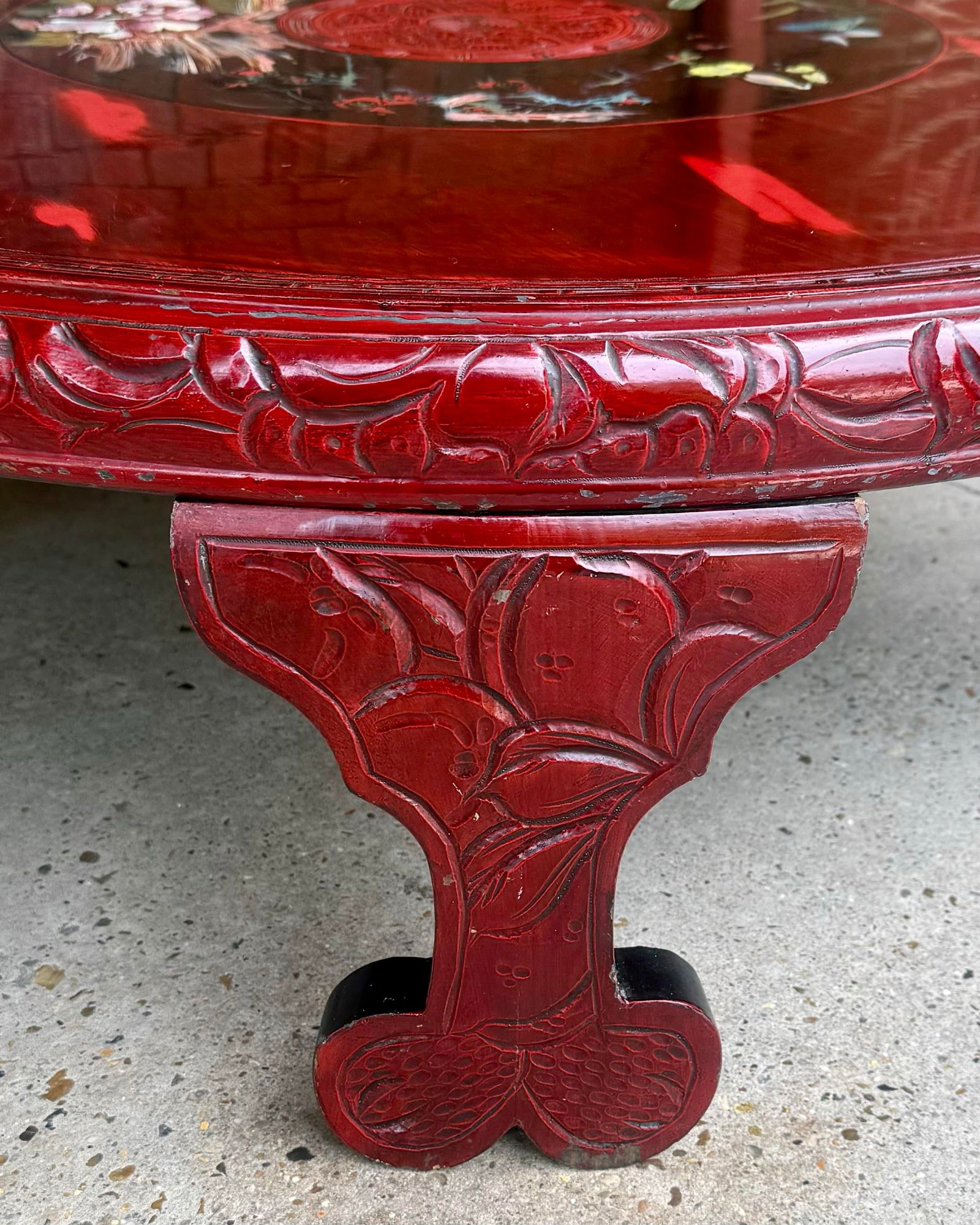 Chic Vintage Asian Lacquerd Carved Tea /Coffee Table With Floral Design - 4