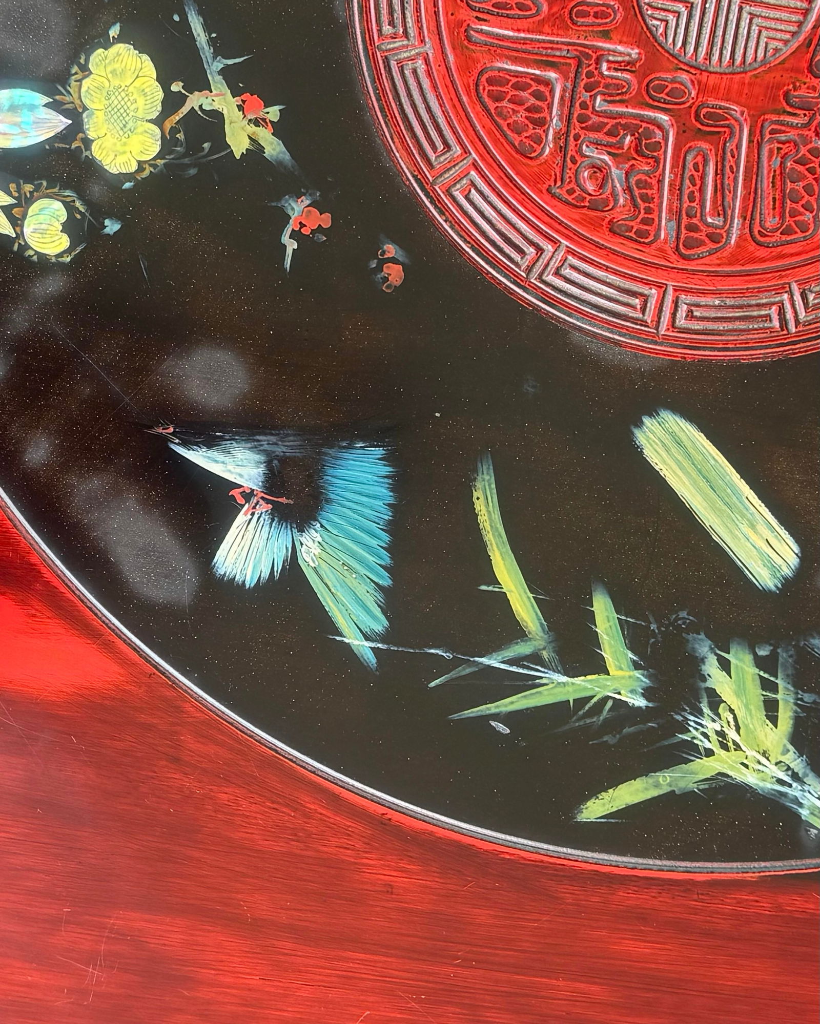 Chic Vintage Asian Lacquerd Carved Tea /Coffee Table With Floral Design - 9