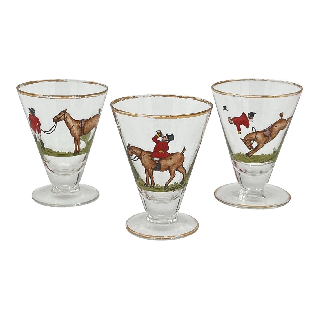 1930s Cyril Gorainoff X Abercrombie & Fitch Hand-Painted and Signed Fox-Hunt Scene Footed Liqueur, C: 1930s Handpainted & Signed Cyril Gorainoff for Abercrombie & Fitch Fox Hunt Equestrian Scenes Footed Liqueur, Cordial or Shot Glass Set Not Today, Huntsman Through thickets we galloped with flair,