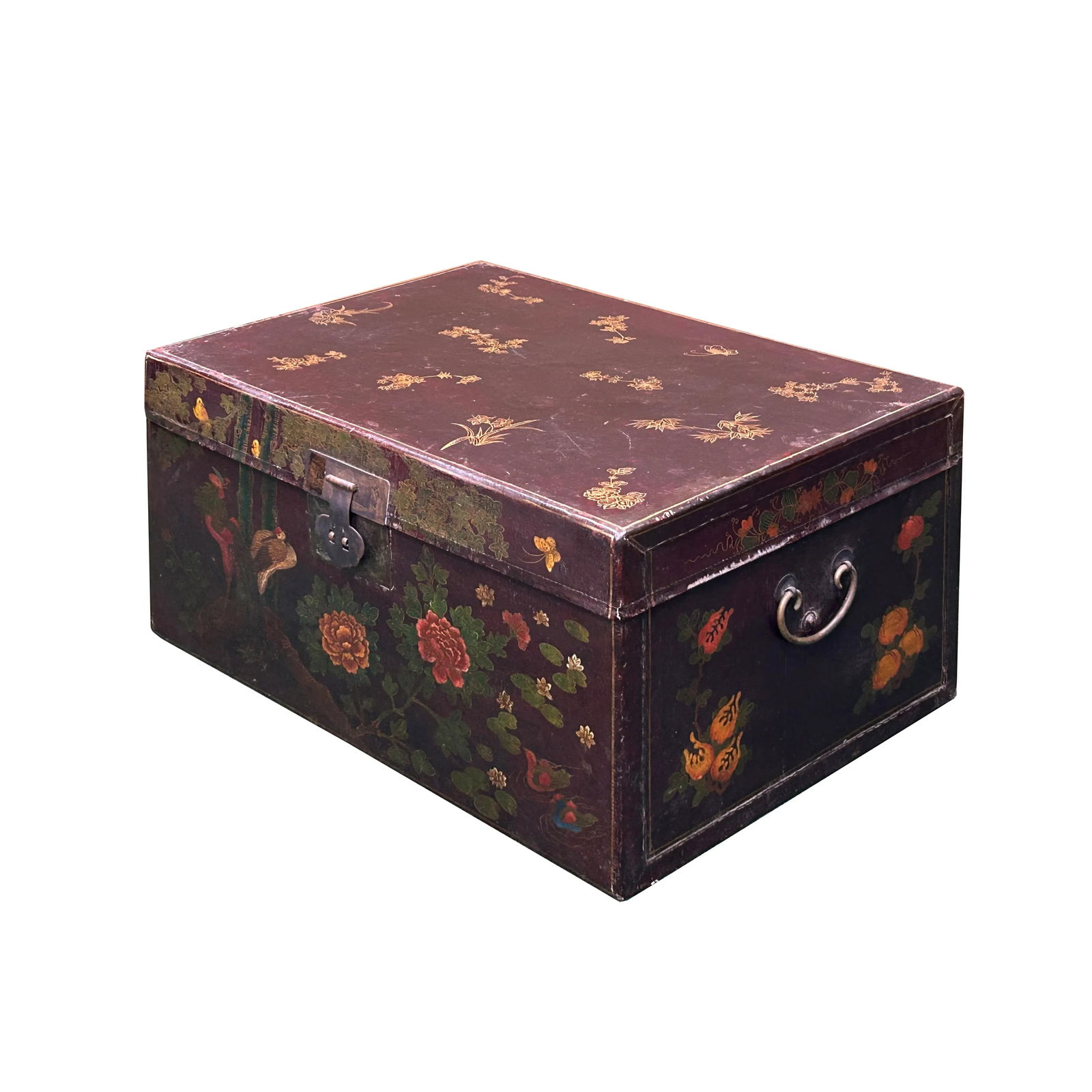 Vintage Distressed Brown Lacquer Flower Birds Oriental Wood Trunk Table - 2