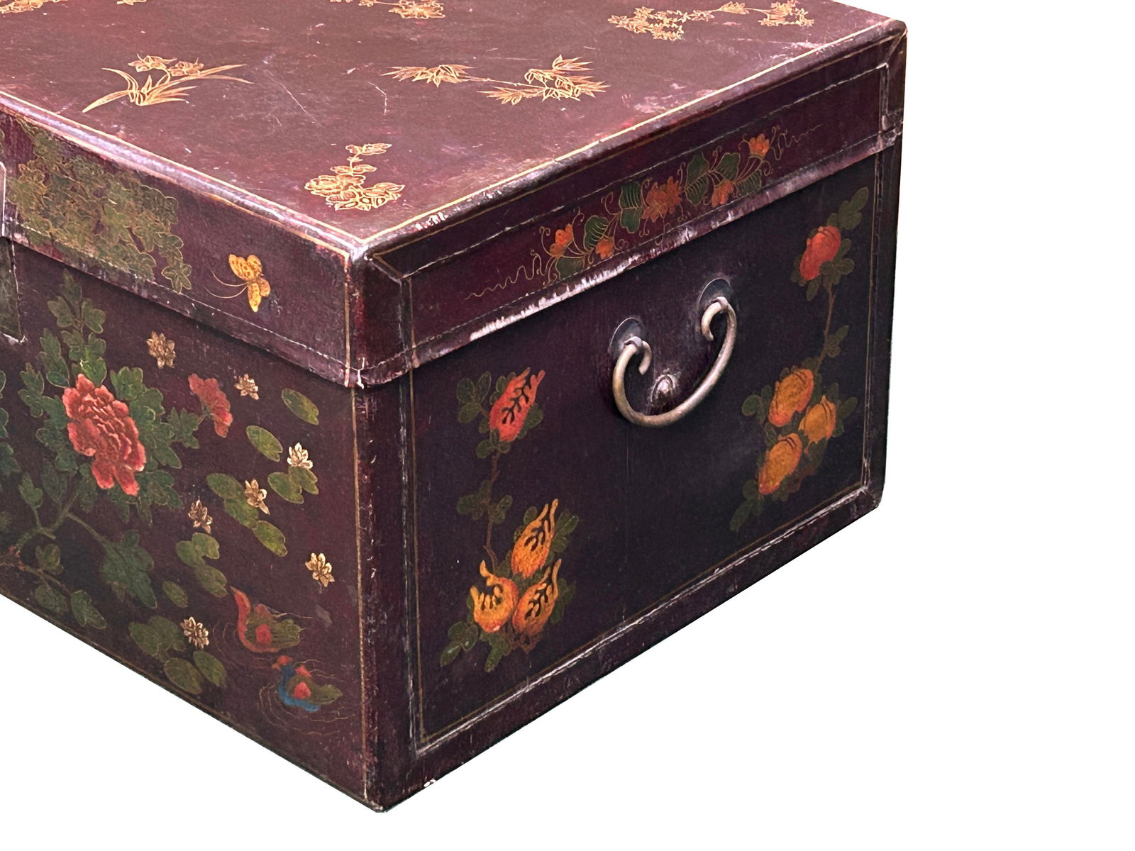 Vintage Distressed Brown Lacquer Flower Birds Oriental Wood Trunk Table - 4