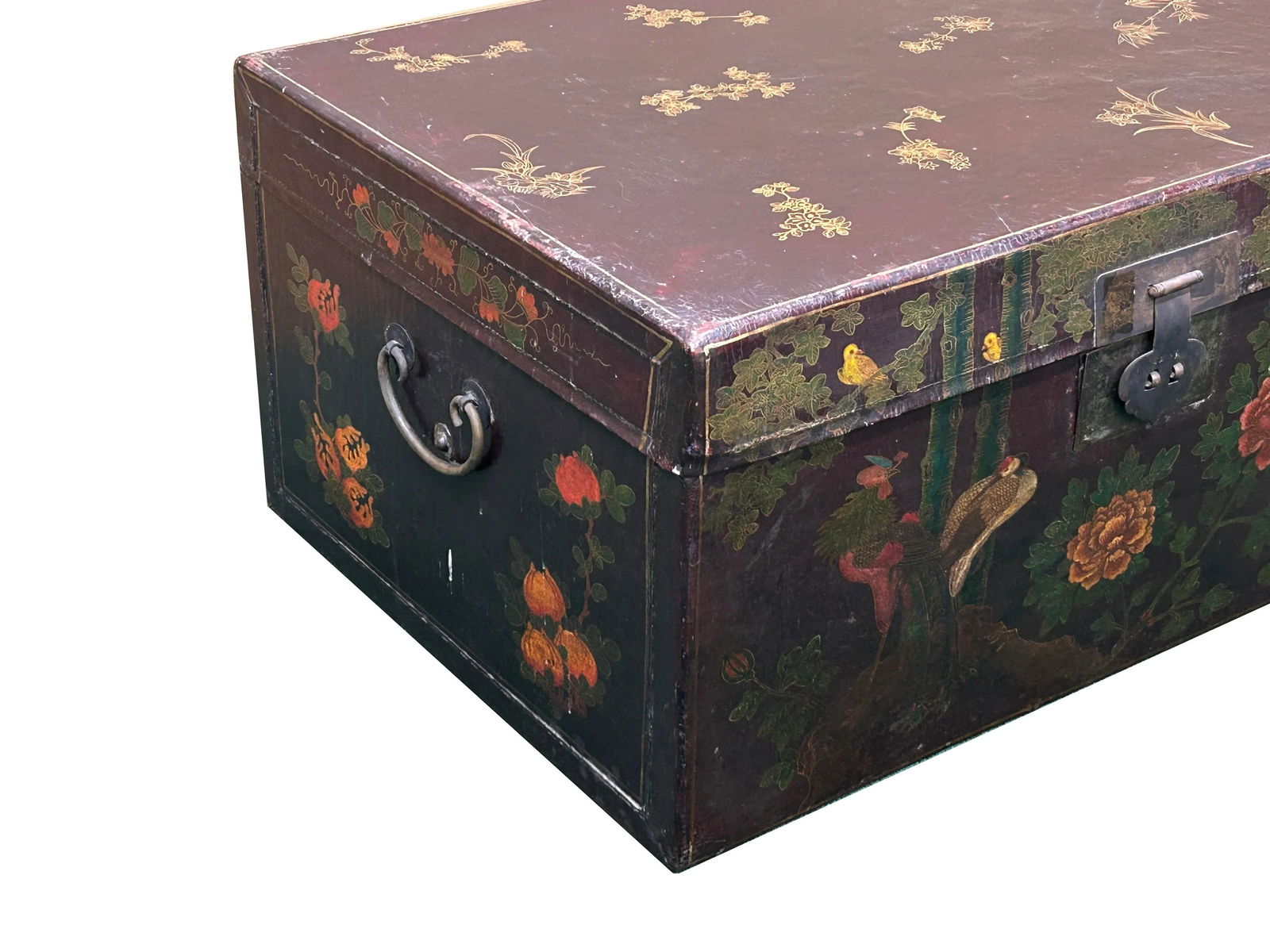 Vintage Distressed Brown Lacquer Flower Birds Oriental Wood Trunk Table - 5