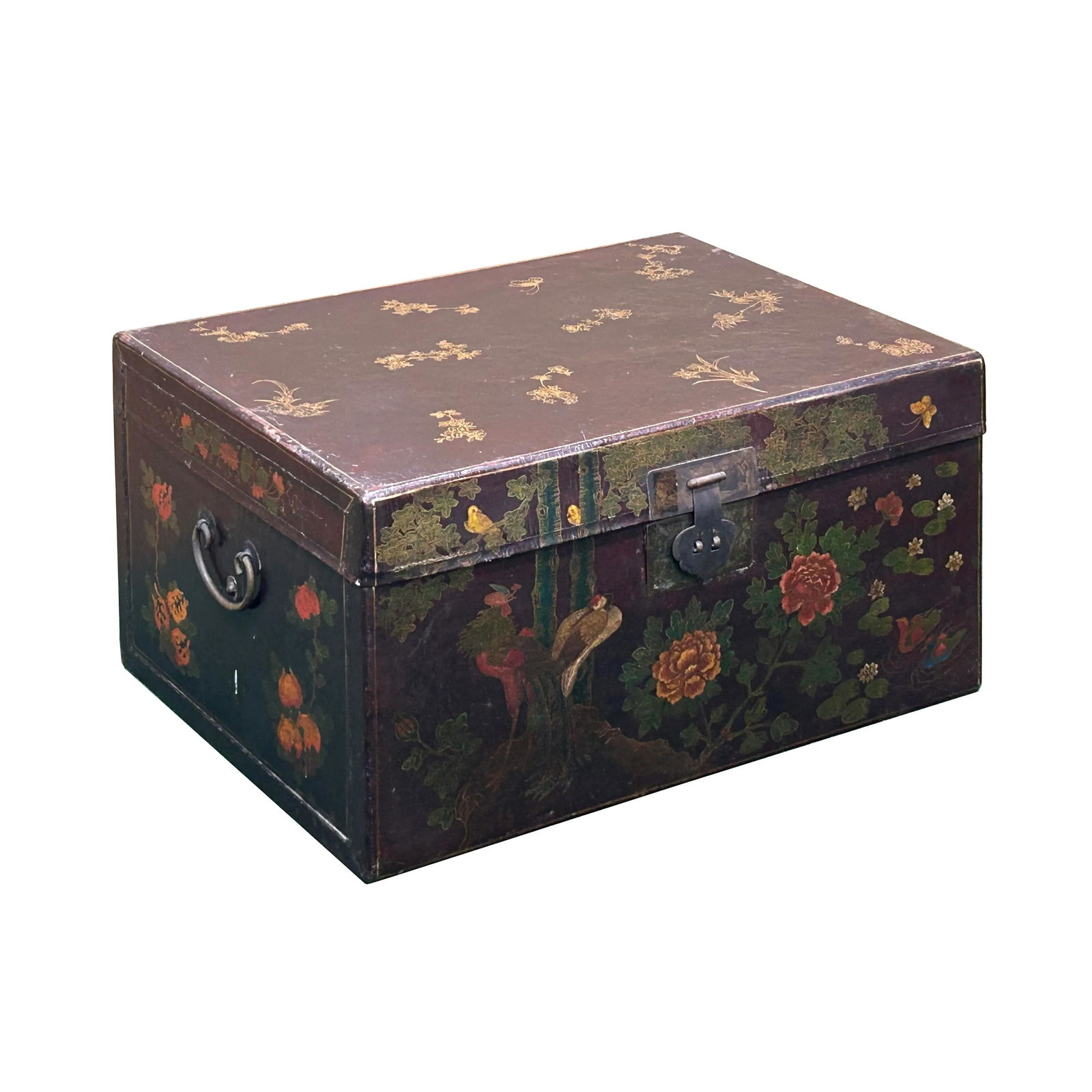 Vintage Distressed Brown Lacquer Flower Birds Oriental Wood Trunk Table - 8