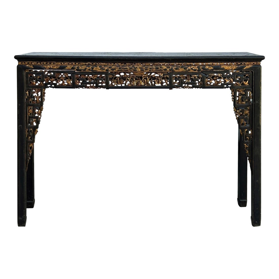 Chinese Vintage Black Golden Carving Motif Tall Altar Console Table (1 of 12)