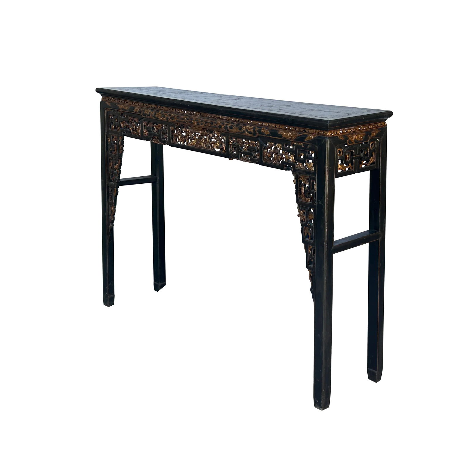 Chinese Vintage Black Golden Carving Motif Tall Altar Console Table - 3